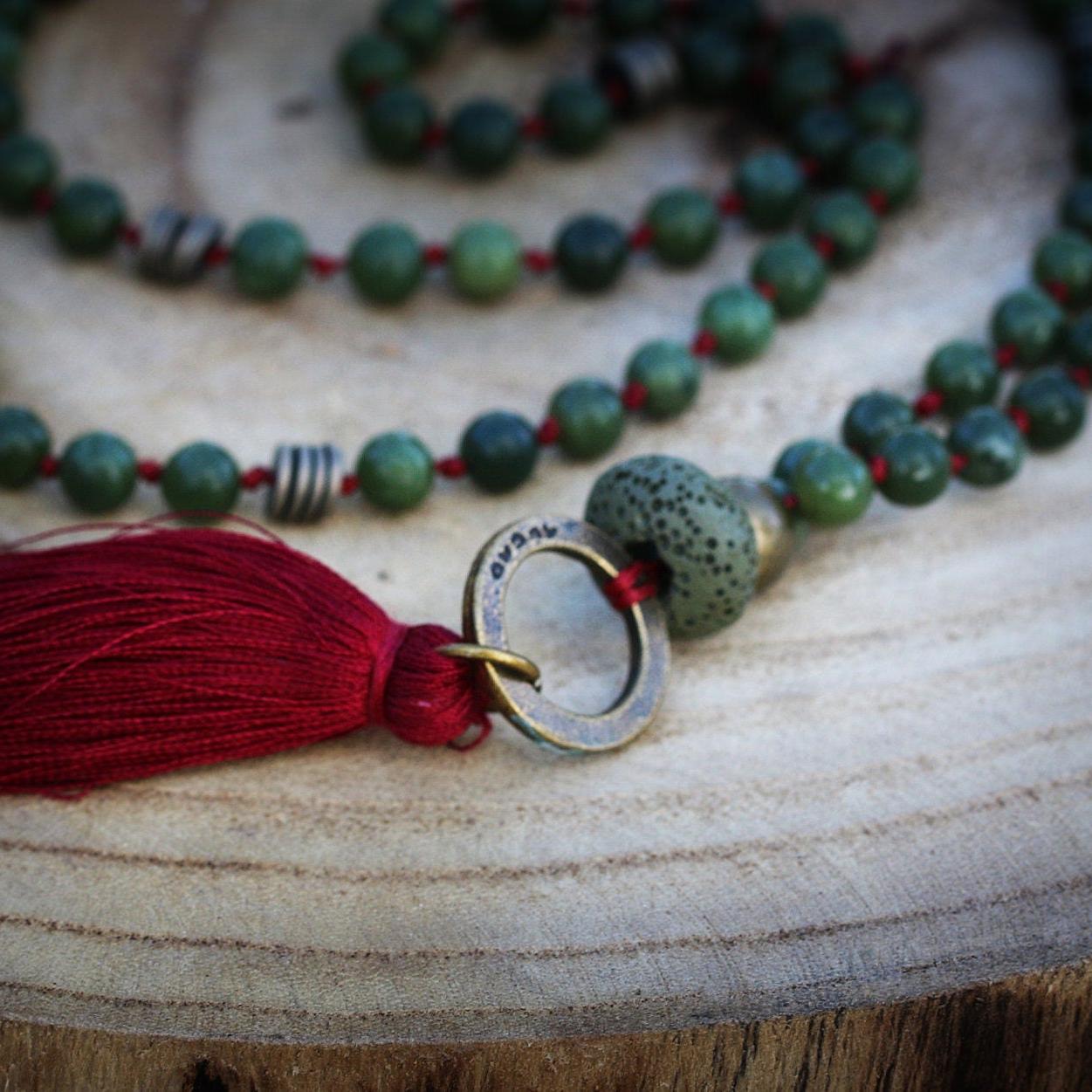 Red Tassel Green Jade Mala Necklace for Yoga - Handmade Gift
