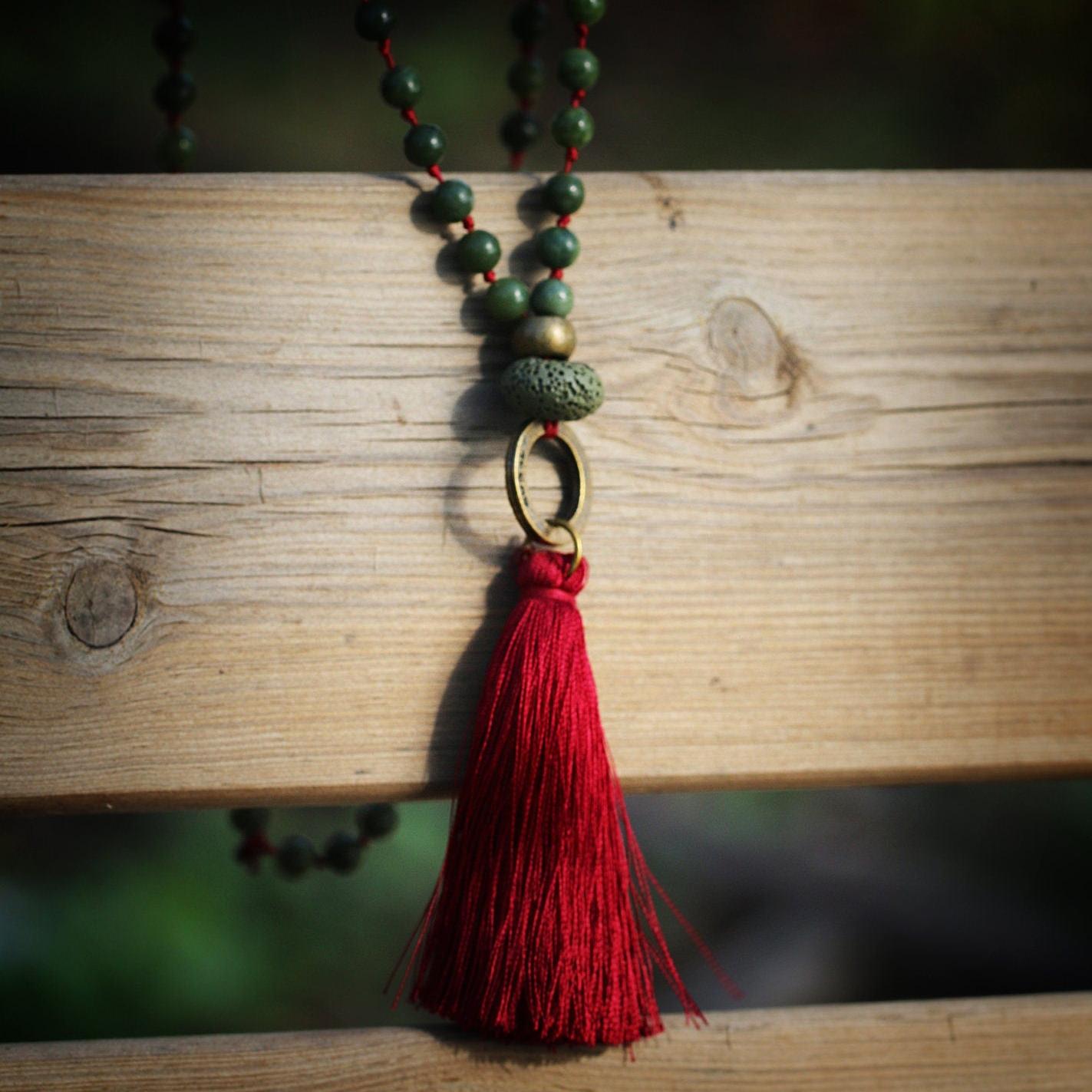 Red Tassel Green Jade Mala Necklace for Yoga - Handmade Gift