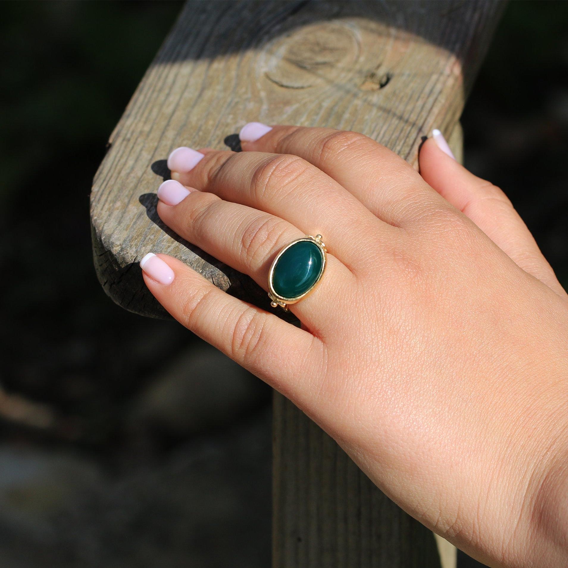 Green Onyx Ring,Gemstone Rings,Fashion Ring,Oval Ring,14k Jewelry for Women,Boho Ring,Gem Rings,Womens Jewelry,May Birthstone Ring