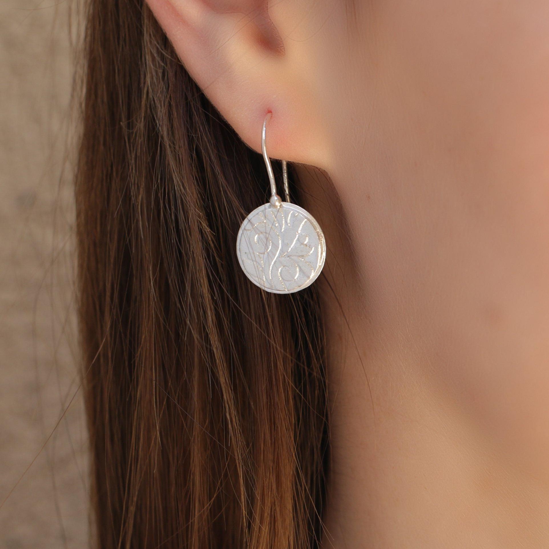 Sterling Silver Disc Earrings • Handmade Textured Hook Earrings • Engraved Art Nouveau Silver Drop Earrings • Hook Boho Flower Earrings