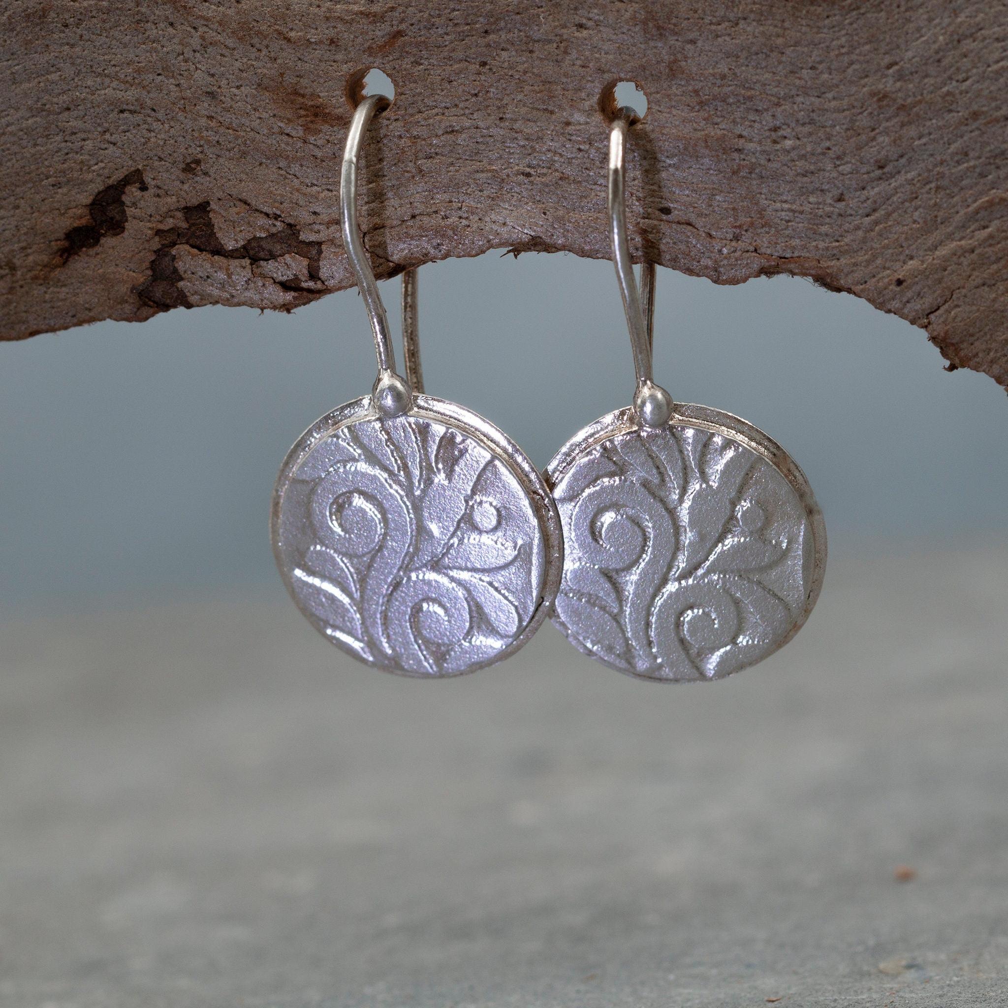 Sterling Silver Disc Earrings • Handmade Textured Hook Earrings • Engraved Art Nouveau Silver Drop Earrings • Hook Boho Flower Earrings