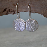 Sterling Silver Disc Earrings • Handmade Textured Hook Earrings • Engraved Art Nouveau Silver Drop Earrings • Hook Boho Flower Earrings