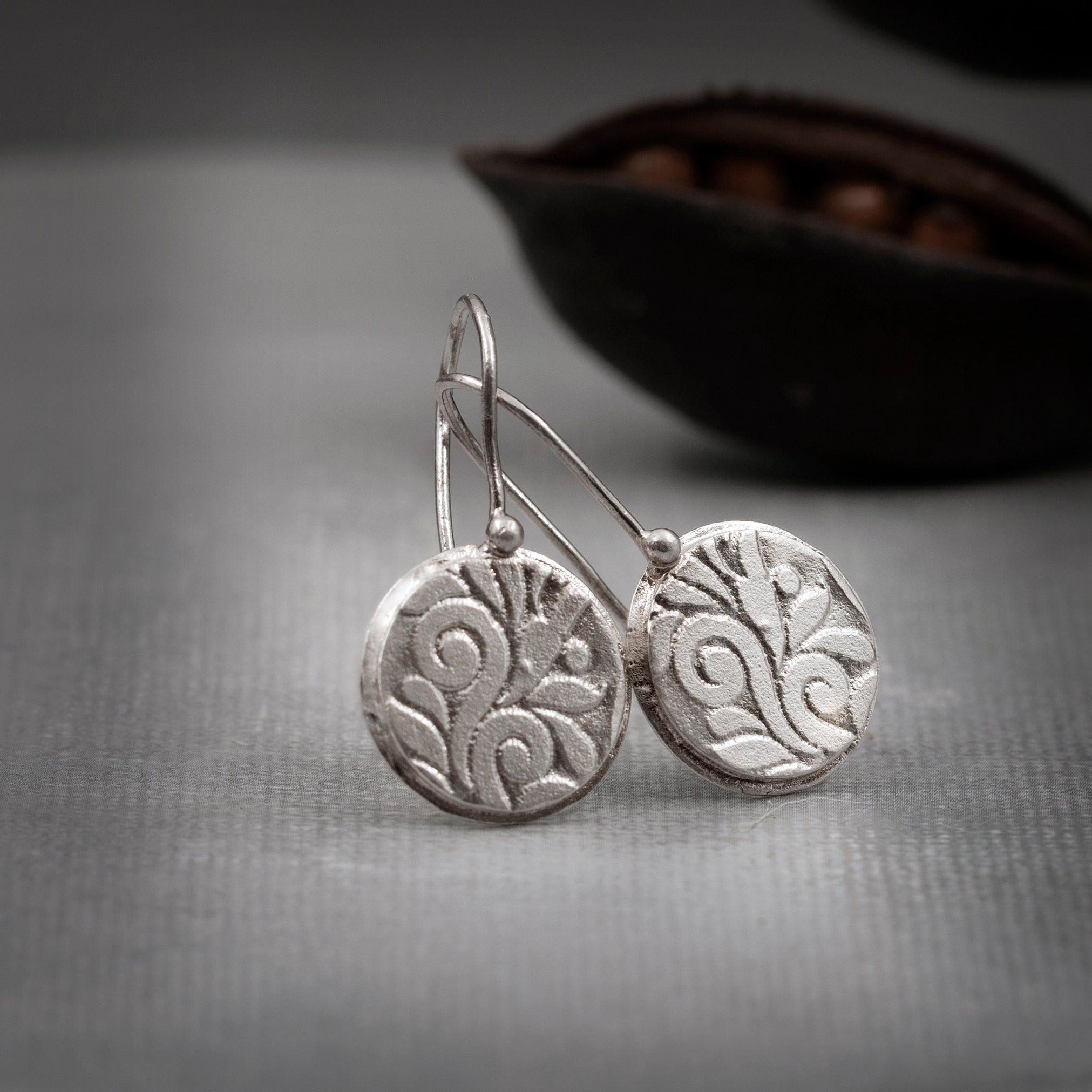 Silver Disc Earrings • Dangle Silver Earrings • Floral Textured Drop Earrings • Boho Drops • Statement Dangles Gift Earrings Christmas