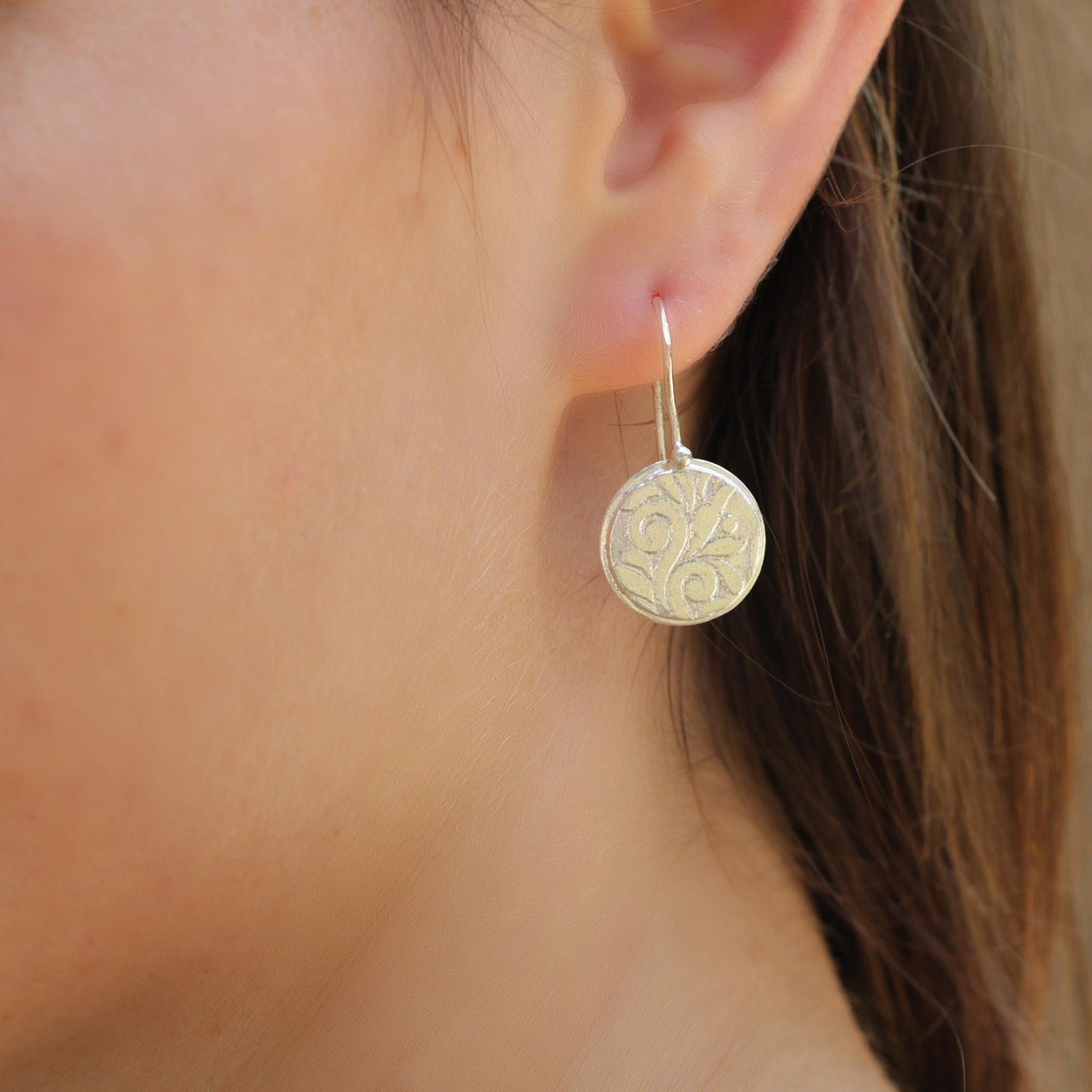 Sterling Silver Disc Earrings • Handmade Textured Hook Earrings • Engraved Art Nouveau Silver Drop Earrings • Hook Boho Flower Earrings