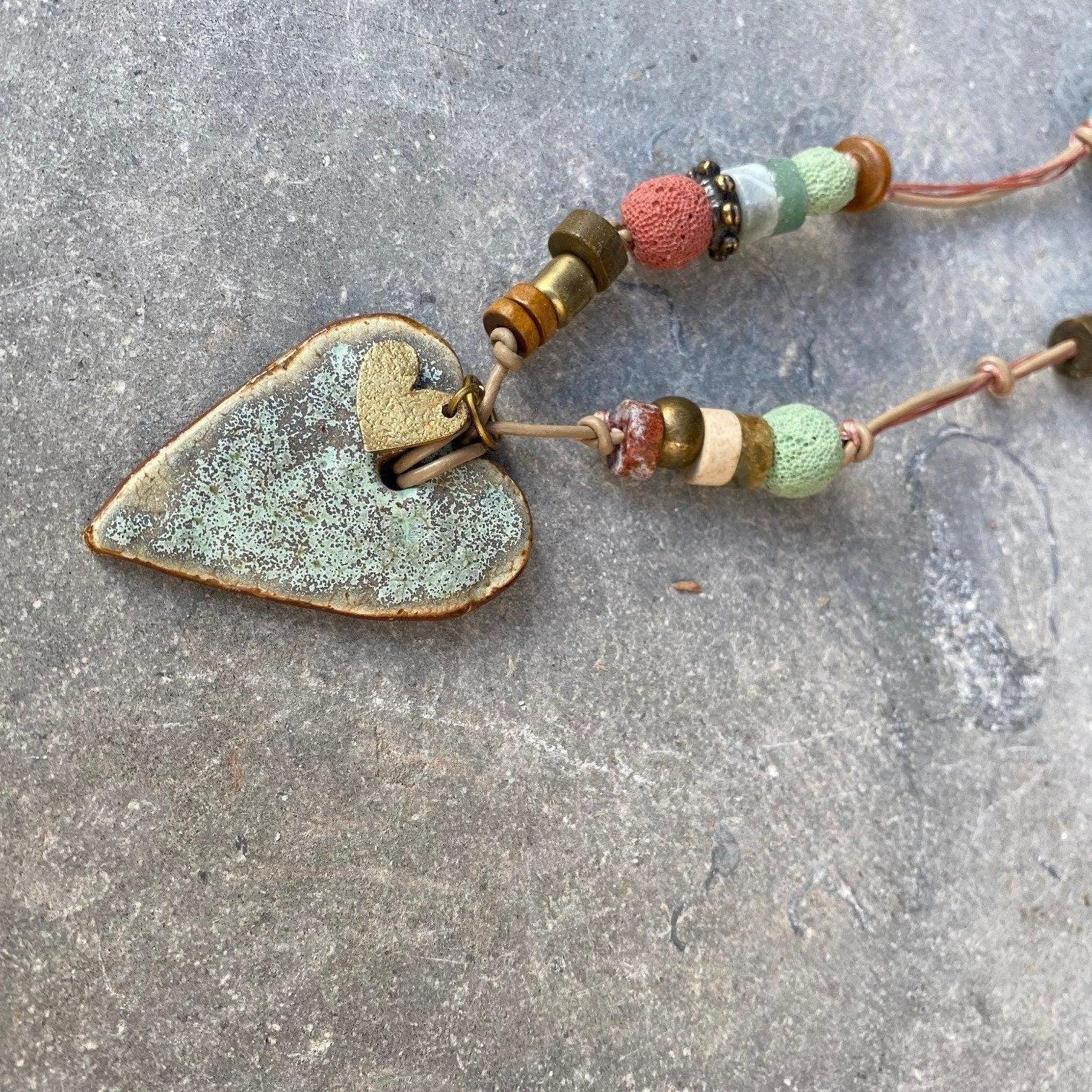 Unique Necklaces,Heart Pendant Necklace,Pendant Necklace,Ceramic Necklace,Handmade Jewelry,Vintage Pendant Necklace,Long Statement Necklace