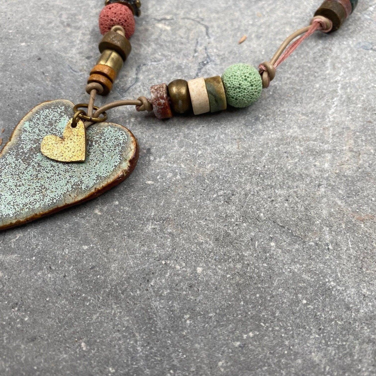 Unique Necklaces,Heart Pendant Necklace,Pendant Necklace,Ceramic Necklace,Handmade Jewelry,Vintage Pendant Necklace,Long Statement Necklace