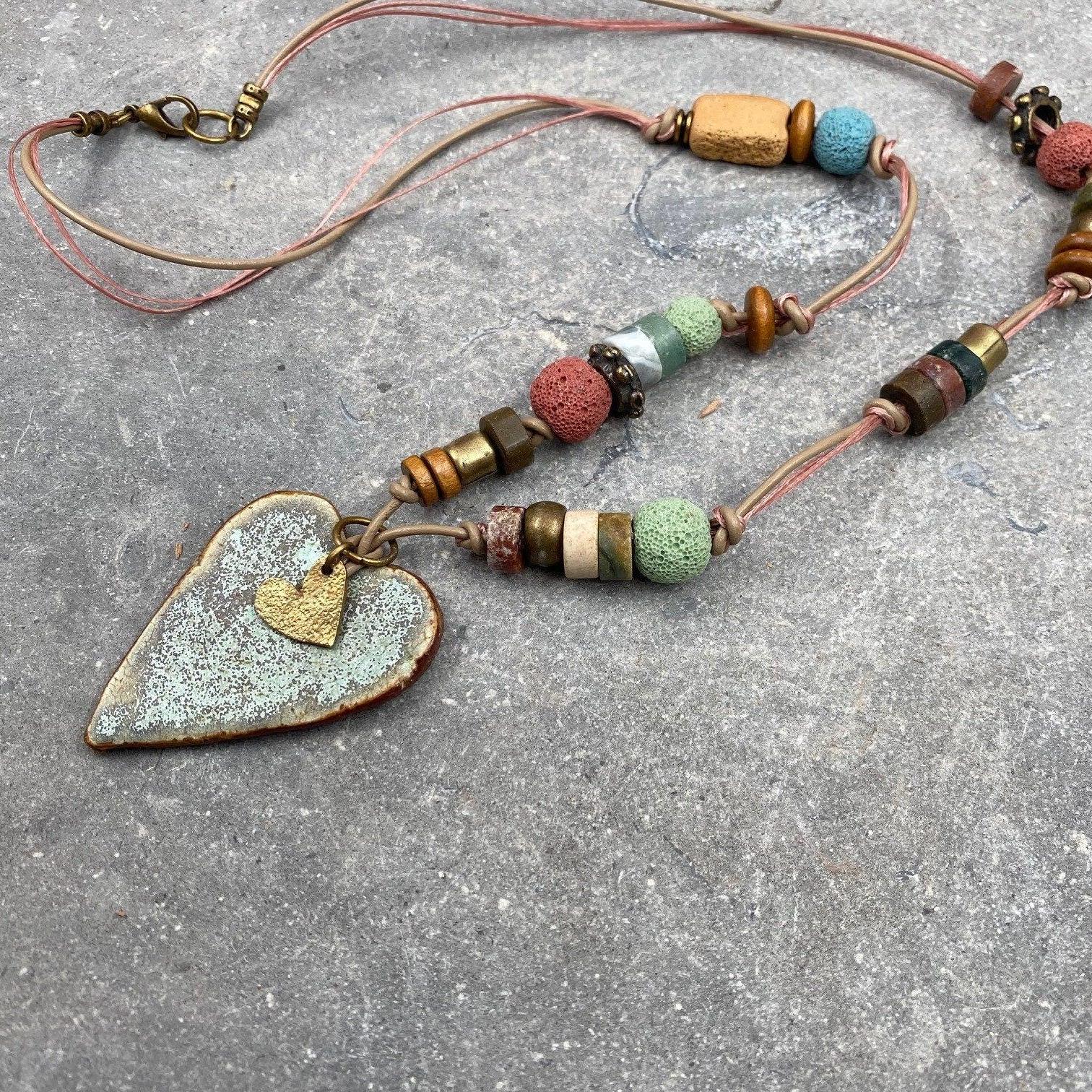 Unique Necklaces,Heart Pendant Necklace,Pendant Necklace,Ceramic Necklace,Handmade Jewelry,Vintage Pendant Necklace,Long Statement Necklace