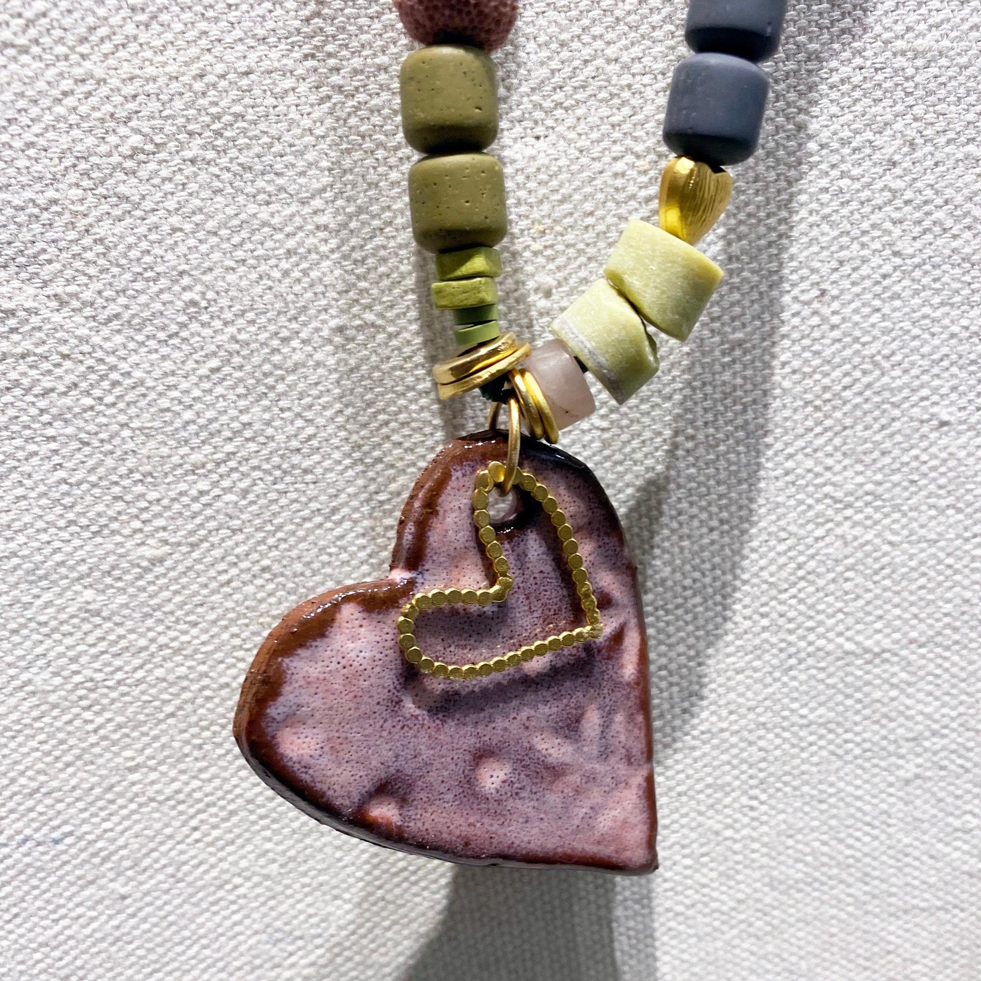 Unique Necklaces for Women,Handmade Jewelry,Heart Pendant,Chunky Statement Necklace,Ceramic Necklace,Valentine Gifts,Statement Jewelry