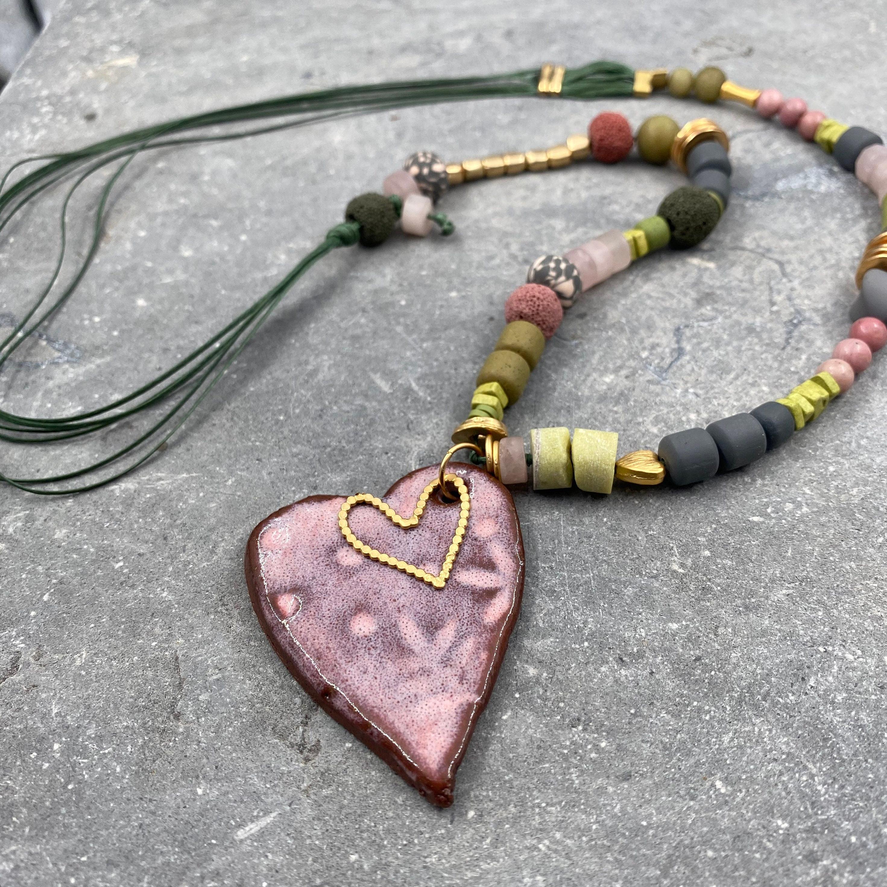 Unique Necklaces for Women,Handmade Jewelry,Heart Pendant,Chunky Statement Necklace,Ceramic Necklace,Valentine Gifts,Statement Jewelry