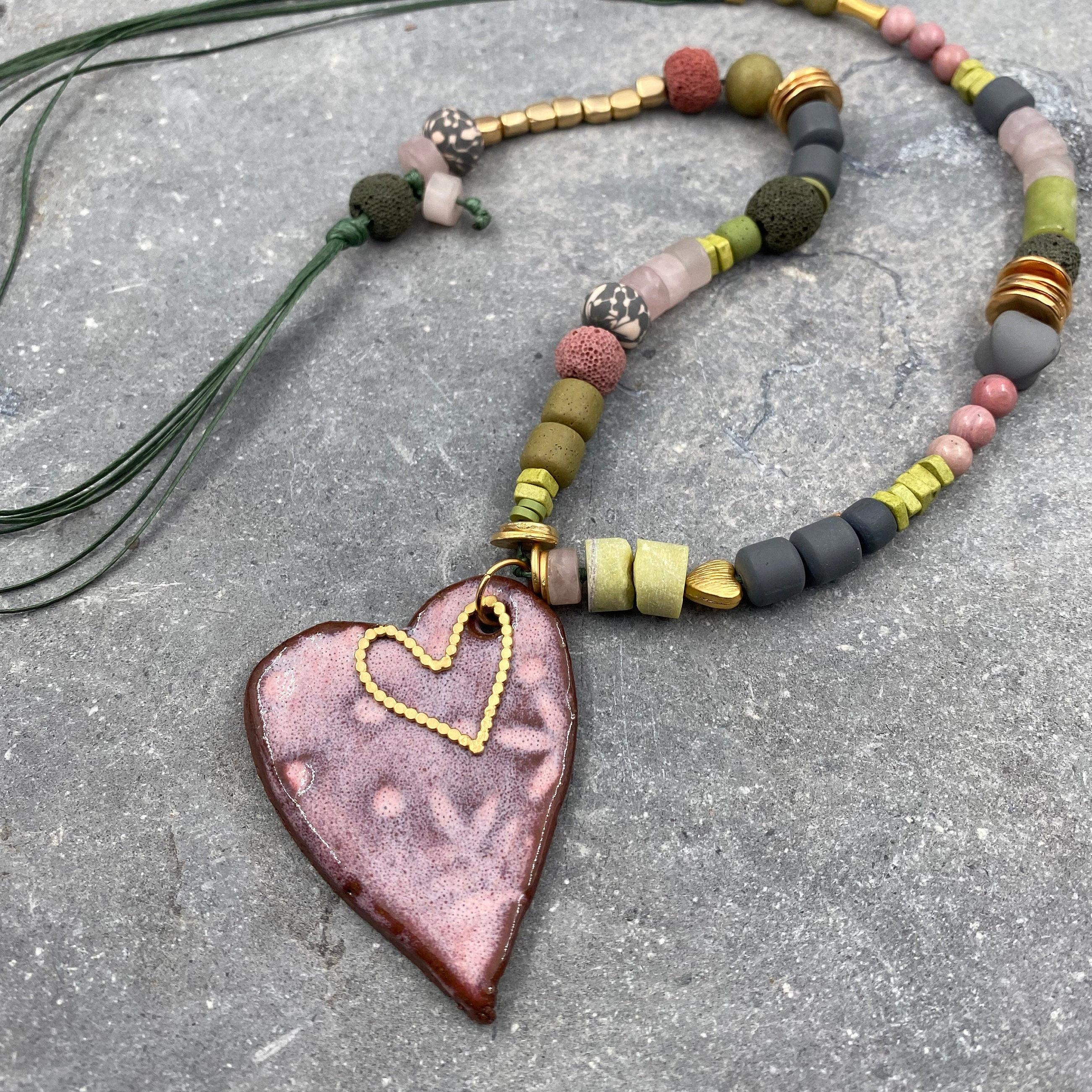 Unique Necklaces for Women,Handmade Jewelry,Heart Pendant,Chunky Statement Necklace,Ceramic Necklace,Valentine Gifts,Statement Jewelry