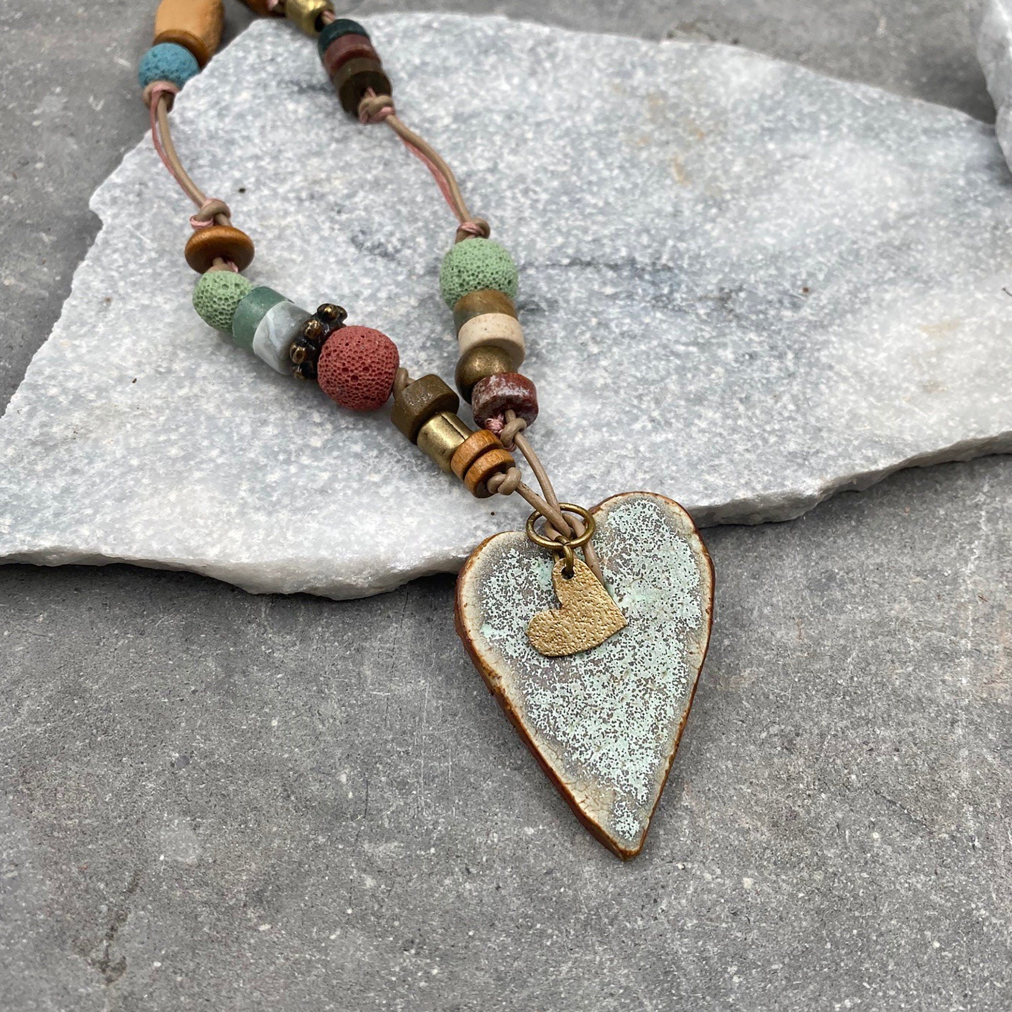 Unique Necklaces,Heart Pendant Necklace,Pendant Necklace,Ceramic Necklace,Handmade Jewelry,Vintage Pendant Necklace,Long Statement Necklace
