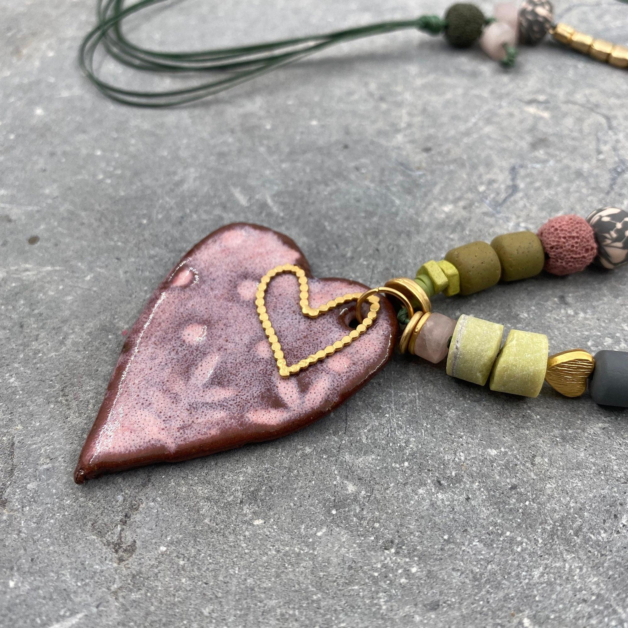 Unique Necklaces for Women,Handmade Jewelry,Heart Pendant,Chunky Statement Necklace,Ceramic Necklace,Valentine Gifts,Statement Jewelry