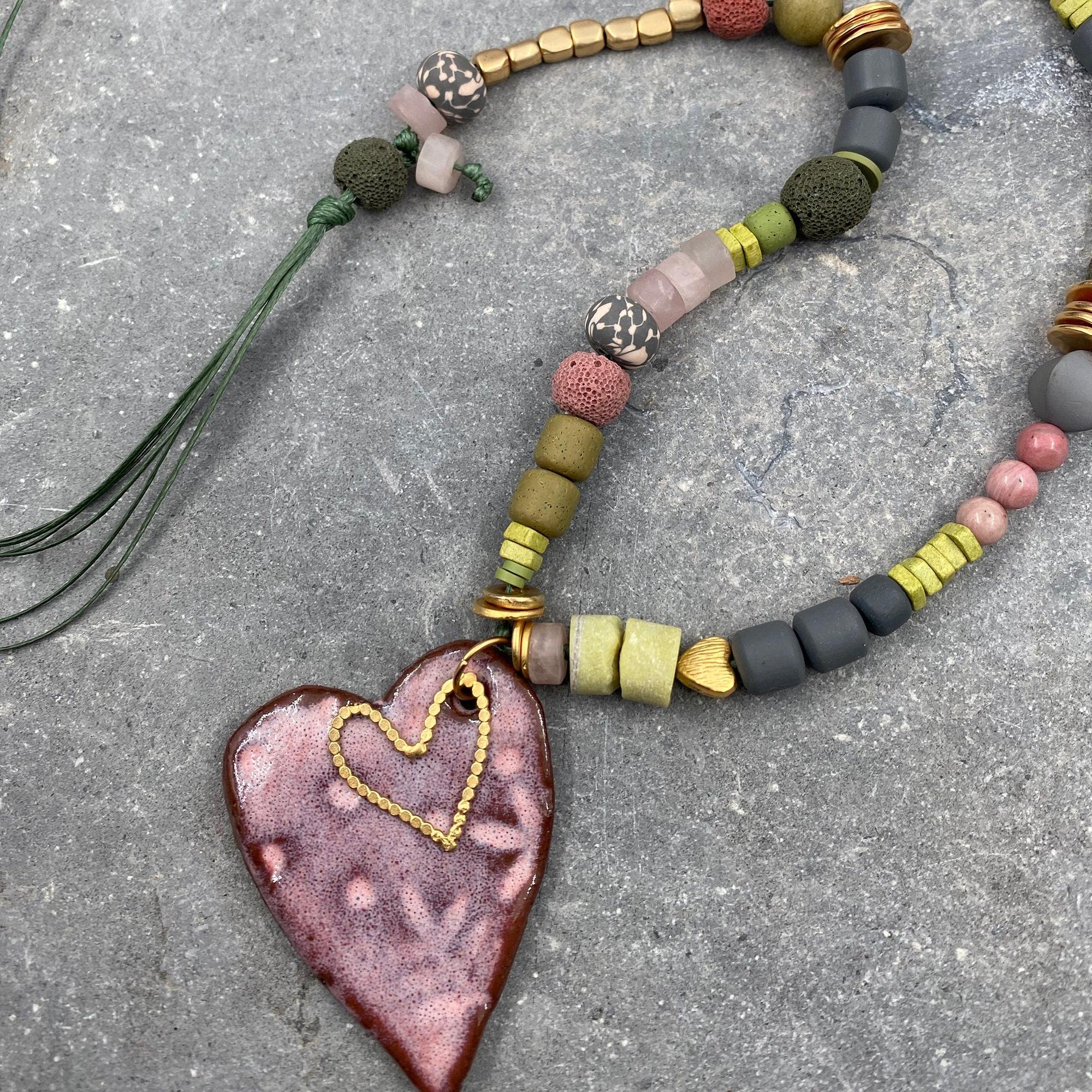 Unique Necklaces for Women,Handmade Jewelry,Heart Pendant,Chunky Statement Necklace,Ceramic Necklace,Valentine Gifts,Statement Jewelry