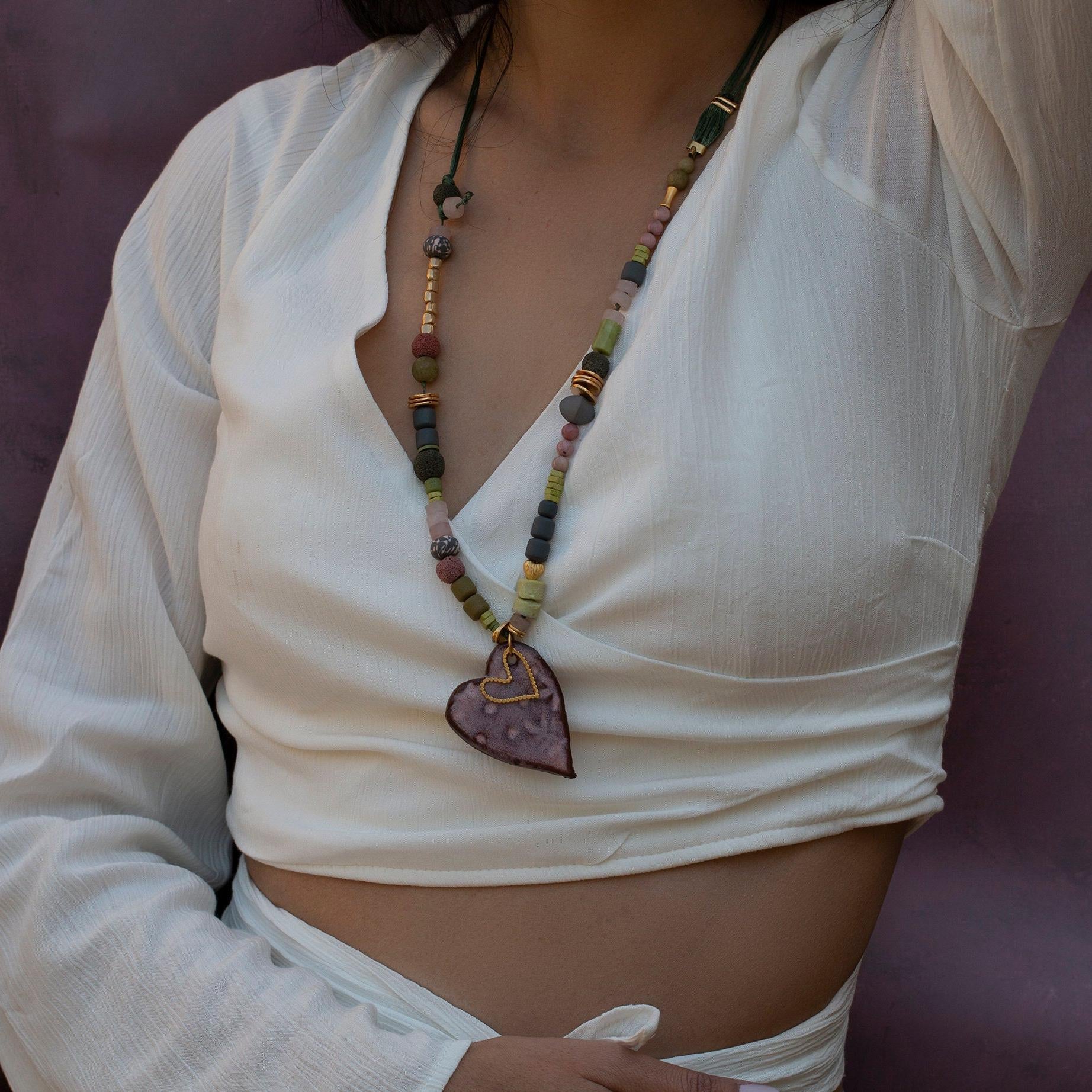 Unique Necklaces for Women,Handmade Jewelry,Heart Pendant,Chunky Statement Necklace,Ceramic Necklace,Valentine Gifts,Statement Jewelry