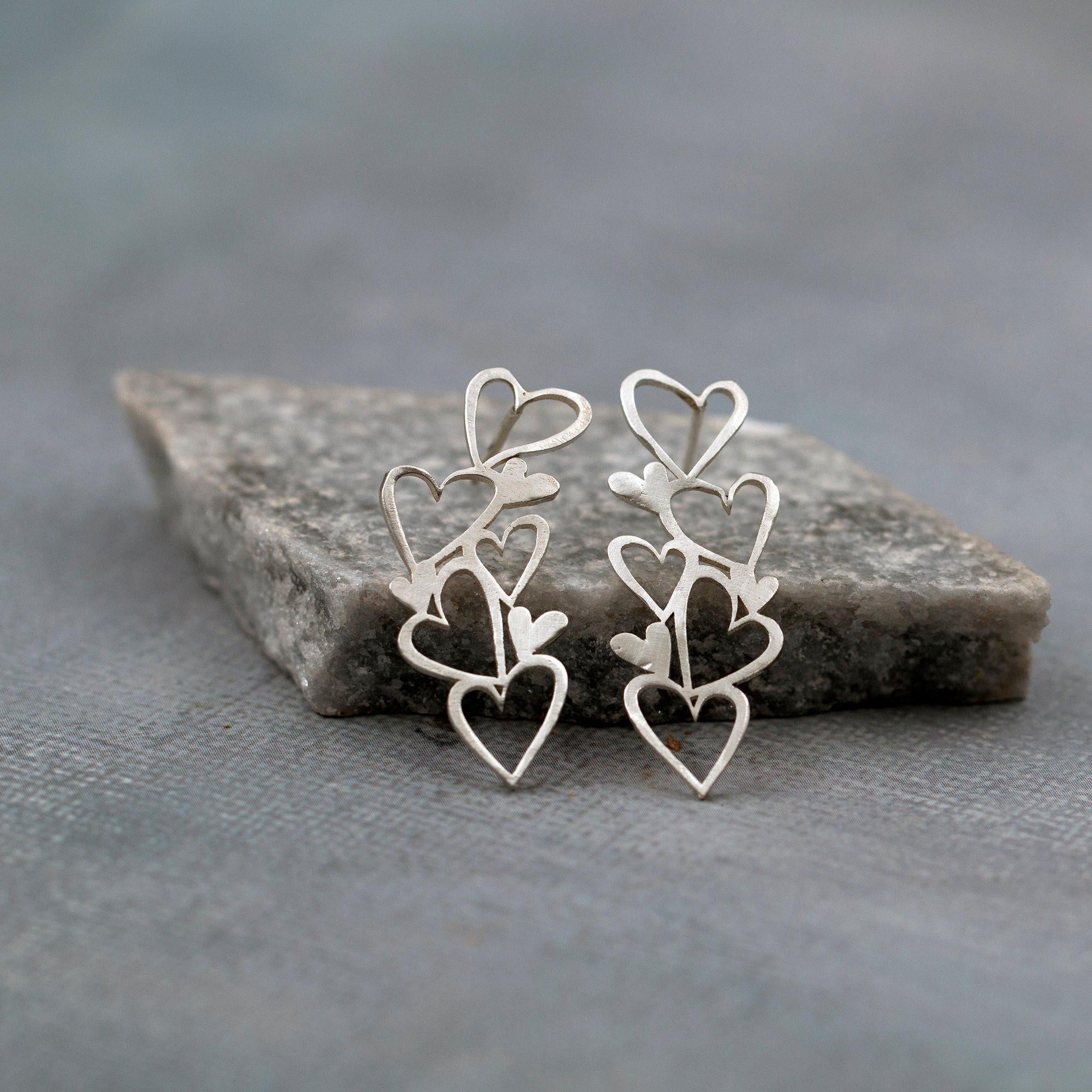 Sterling Silver Heart Stud Earrings Handmade Gift for Women