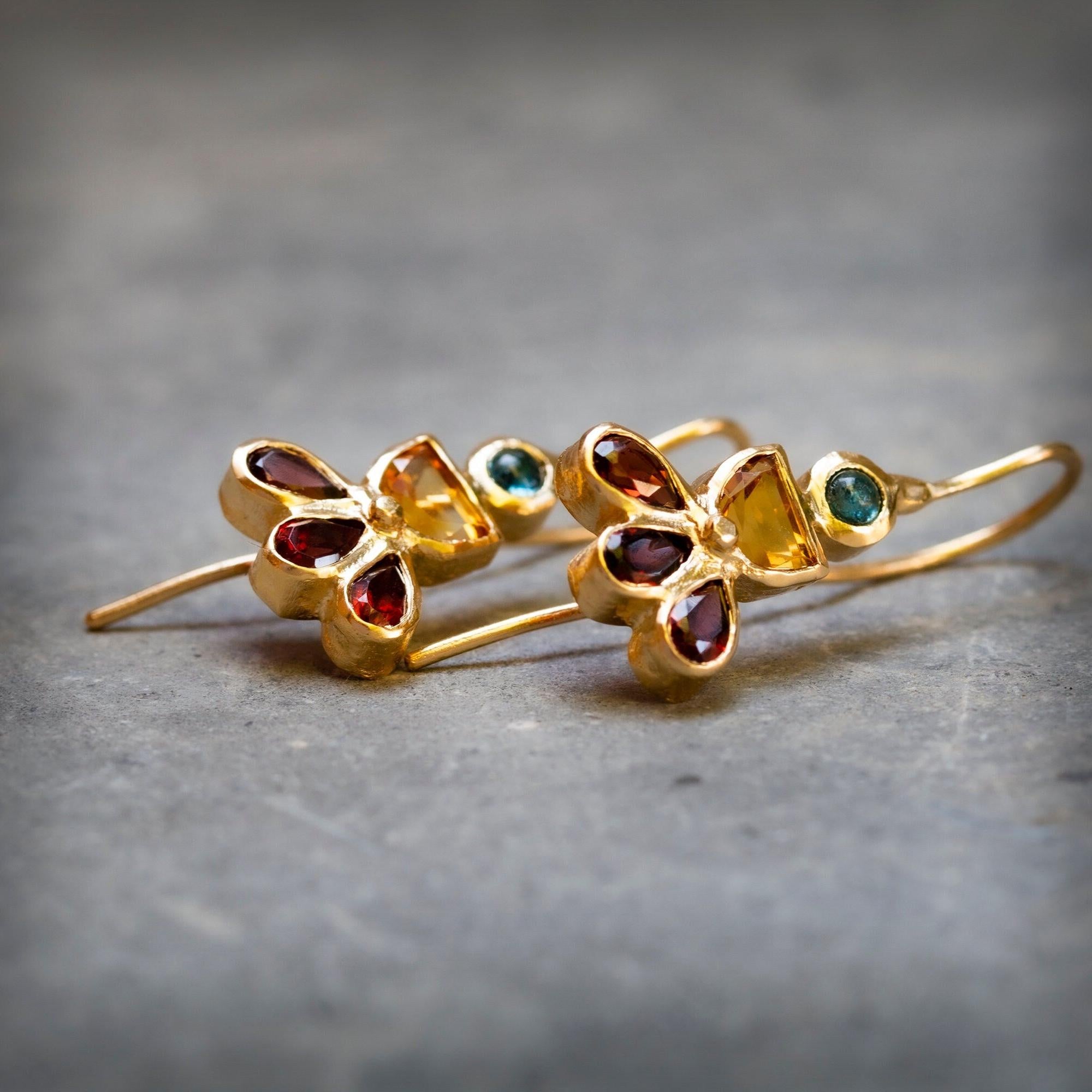 Multi Gemstone Gold Earrings, Citrine, Topaz, Garnet Earrings. Colorful Earrings, 14k Gold Earrings, Statement Earrings, Mothers Day Gift