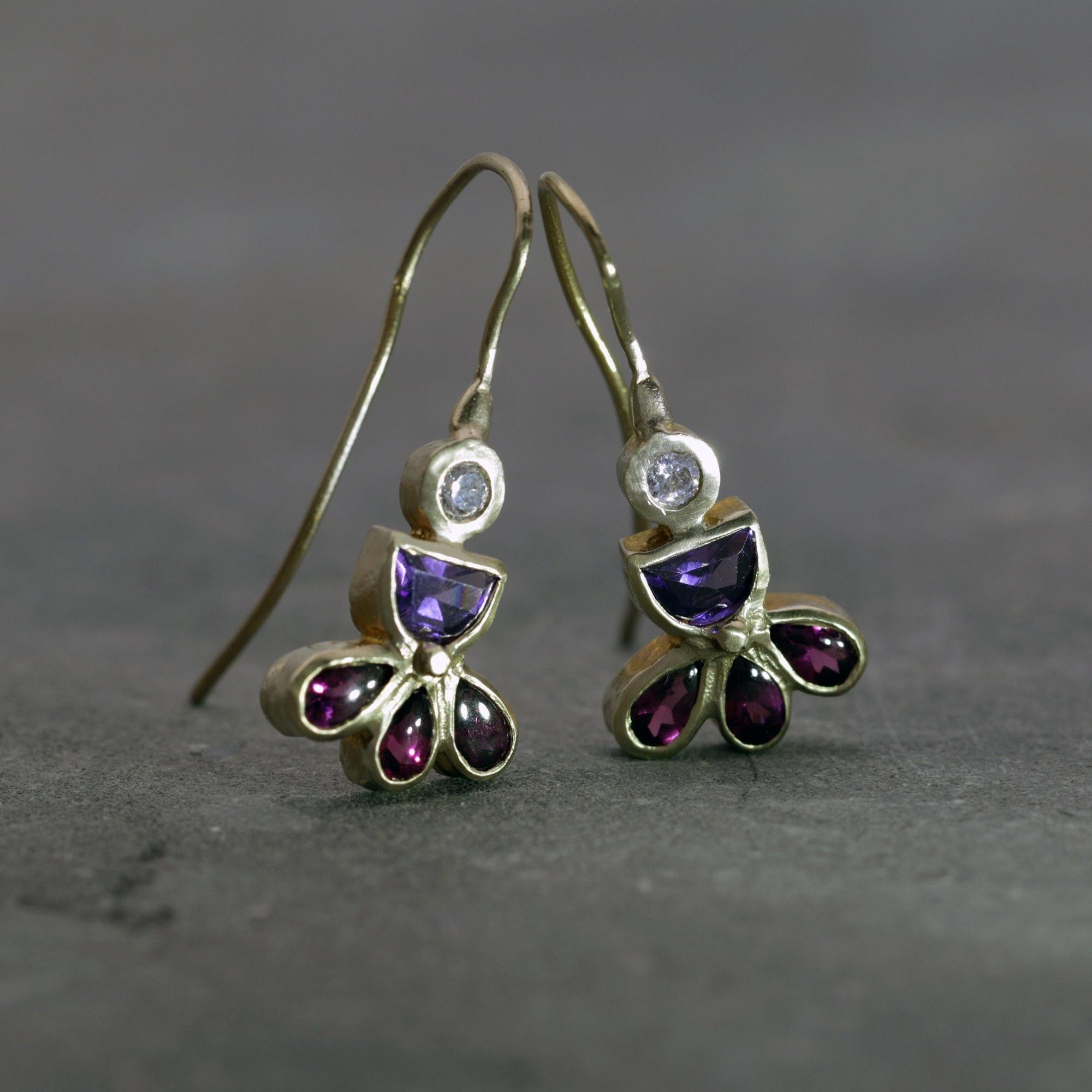 Unique gold earrings with zircon, amethyst & garnet, Colorful drop dangle earrings, Gemstone earrings, Handmade jewelry, Gift for her