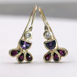 Unique gold earrings with zircon, amethyst & garnet, Colorful drop dangle earrings, Gemstone earrings, Handmade jewelry, Gift for her