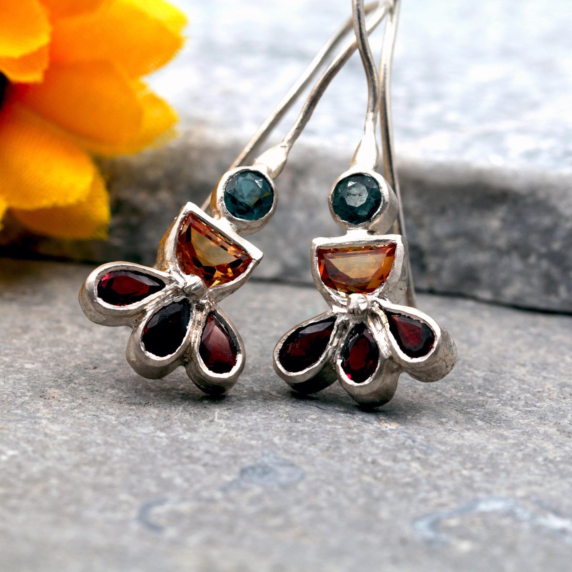 Gemstone Silver Earrings, Citrine,Topaz,Garnet Earrings, Colorful Earrings, Sterling Silver Earrings, Statement Earrings, Mothers Day Gift