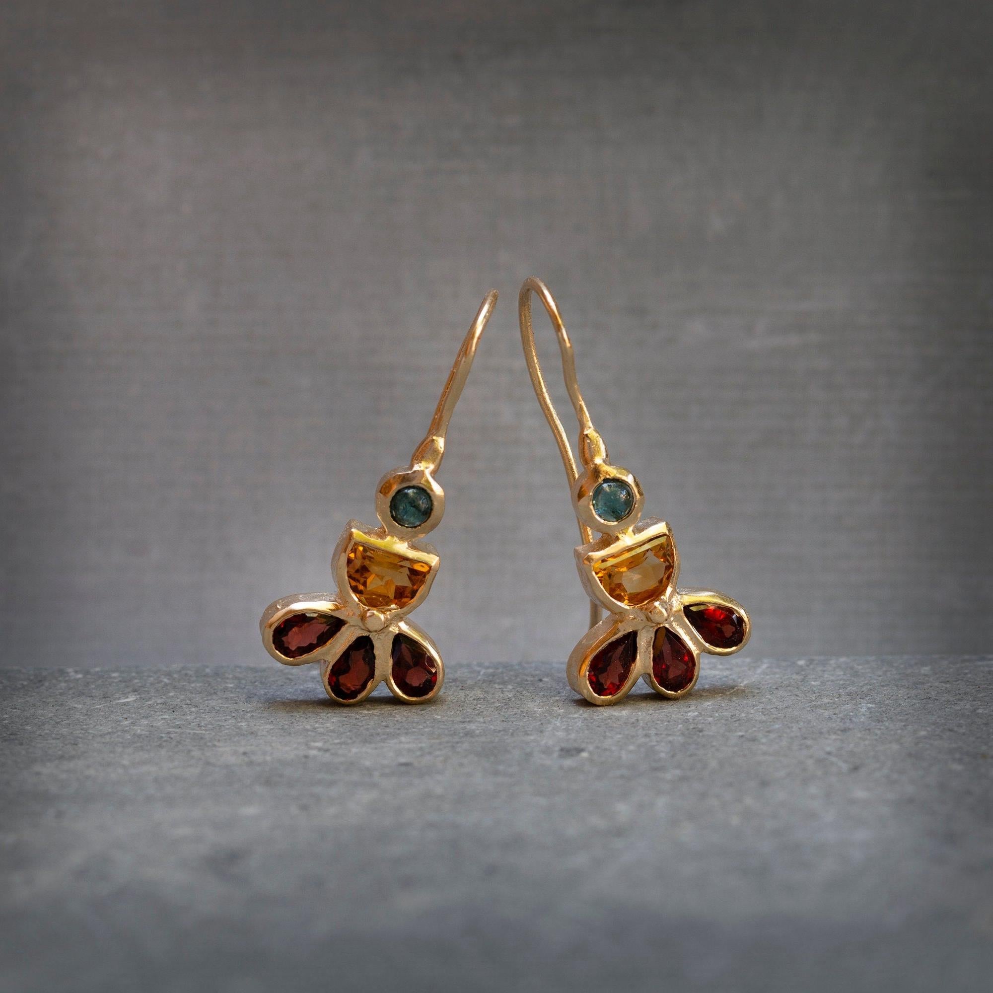 Multi Gemstone Gold Earrings, Citrine, Topaz, Garnet Earrings. Colorful Earrings, 14k Gold Earrings, Statement Earrings, Mothers Day Gift