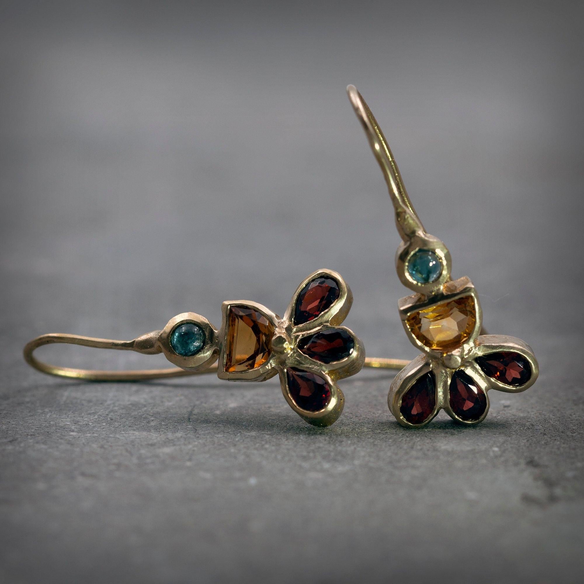Multi Gemstone Gold Earrings, Citrine, Topaz, Garnet Earrings. Colorful Earrings, 14k Gold Earrings, Statement Earrings, Mothers Day Gift