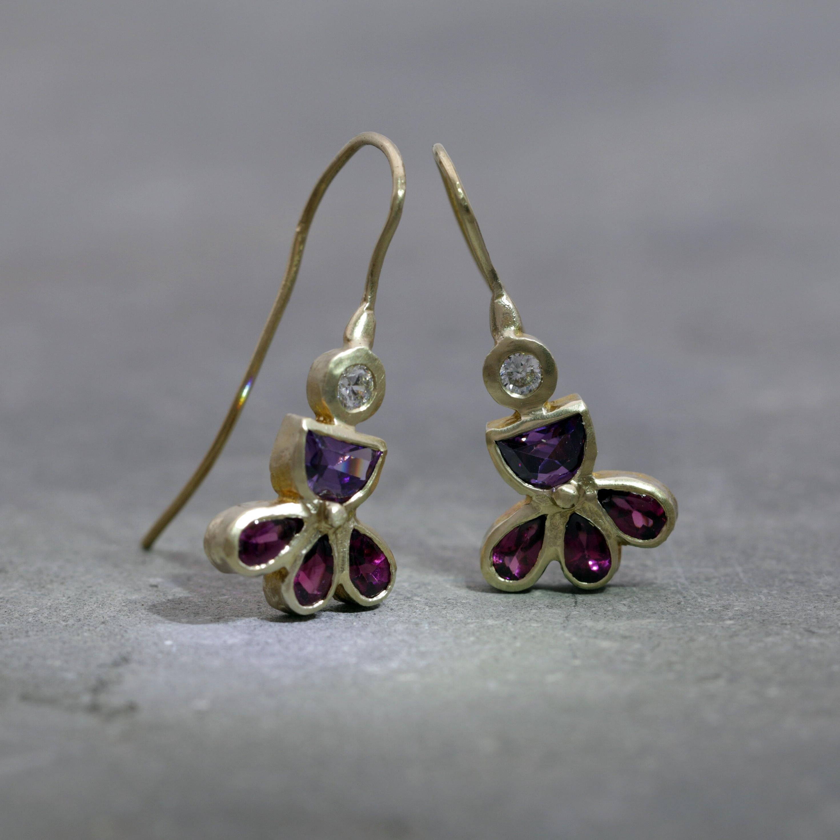 Unique gold earrings with zircon, amethyst & garnet, Colorful drop dangle earrings, Gemstone earrings, Handmade jewelry, Gift for her