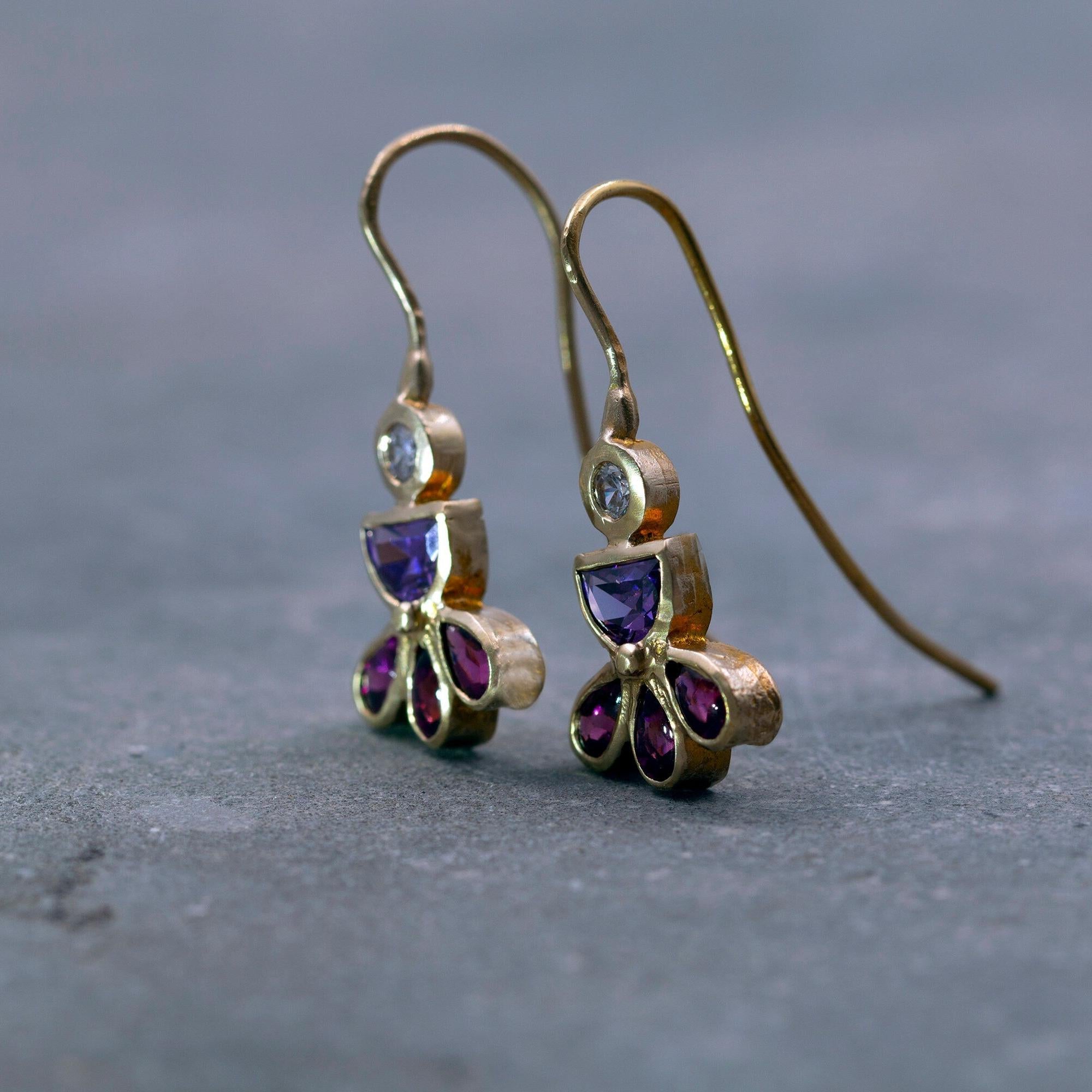 Unique gold earrings with zircon, amethyst & garnet, Colorful drop dangle earrings, Gemstone earrings, Handmade jewelry, Gift for her