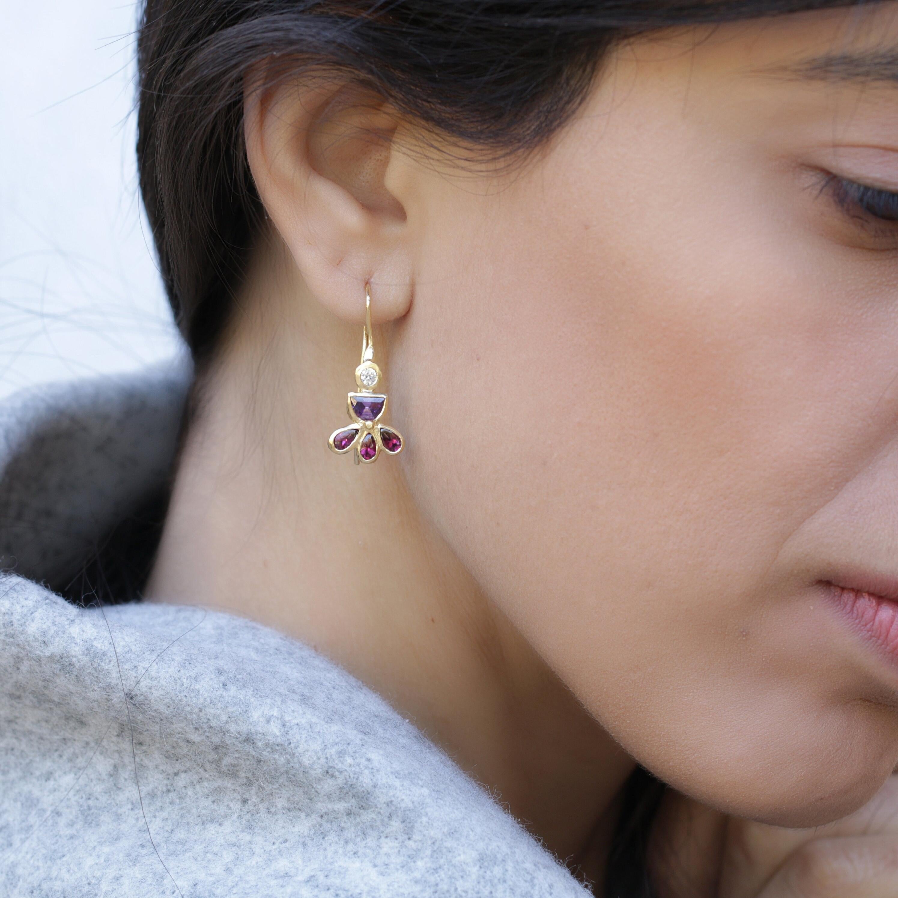 Unique gold earrings with zircon, amethyst & garnet, Colorful drop dangle earrings, Gemstone earrings, Handmade jewelry, Gift for her