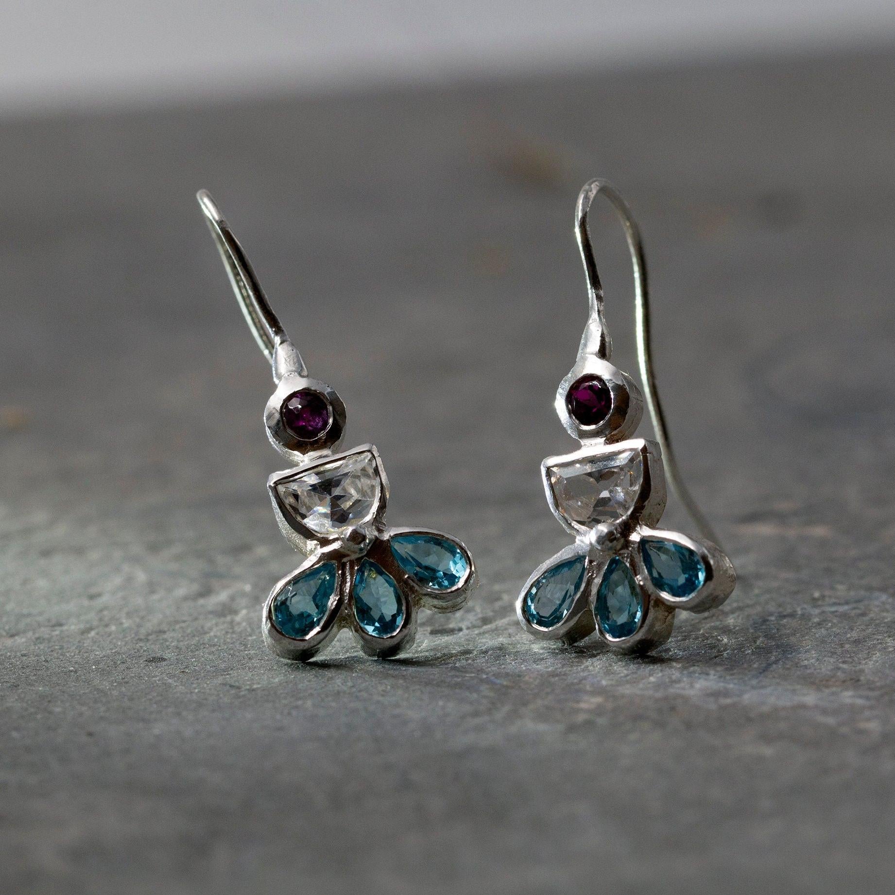 Gemstone Silver Earrings, Zircon, Blue Topaz, Garnet Earrings, Colorful Earrings, 925 Earrings, Statement Earrings, Mothers Day Gift