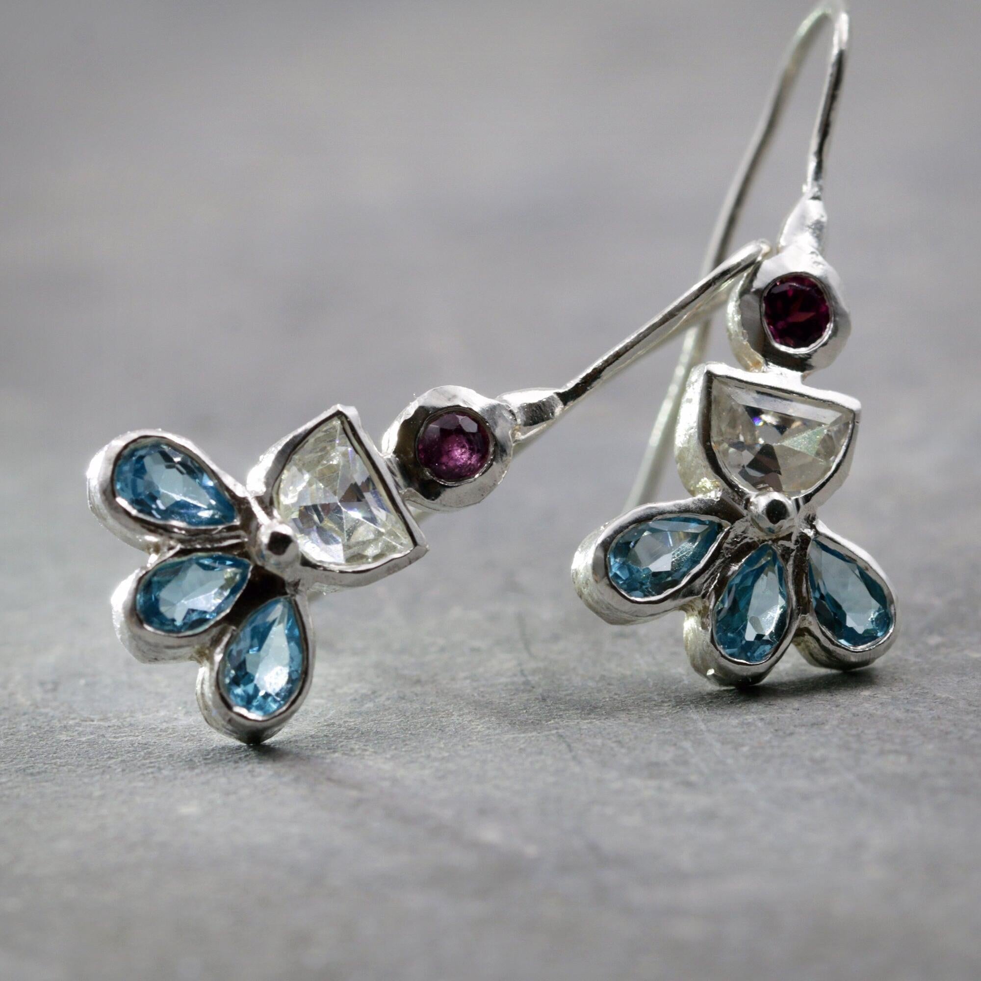 Gemstone Silver Earrings, Zircon, Blue Topaz, Garnet Earrings, Colorful Earrings, 925 Earrings, Statement Earrings, Mothers Day Gift