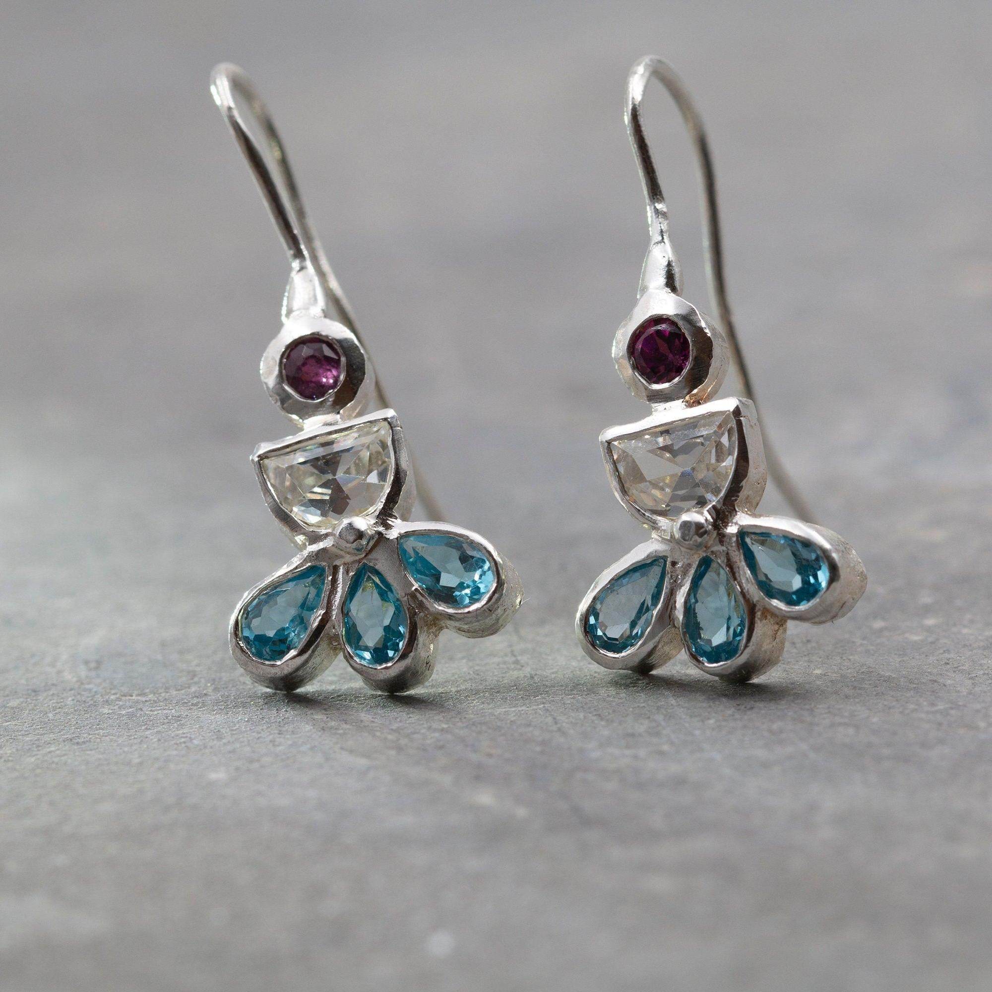 Gemstone Silver Earrings, Zircon, Blue Topaz, Garnet Earrings, Colorful Earrings, 925 Earrings, Statement Earrings, Mothers Day Gift