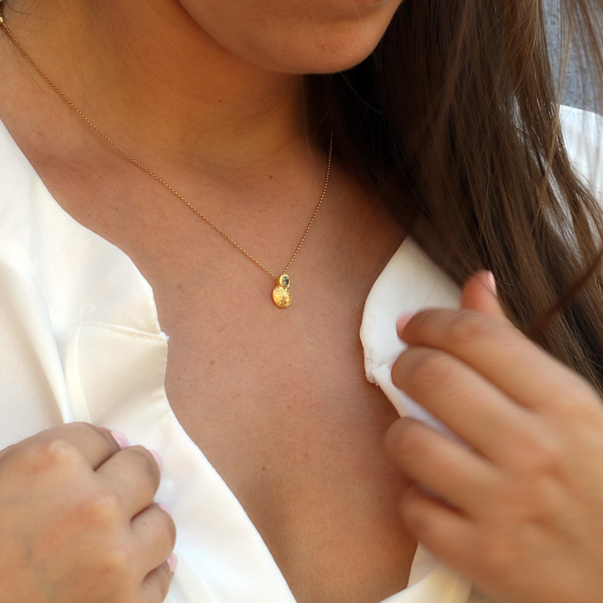 Handcrafted Dainty Blue Topaz Pendant Necklace - Short Round Design • Dainty Gold Necklace • Dainty Short Pendant • Gemstone Necklace