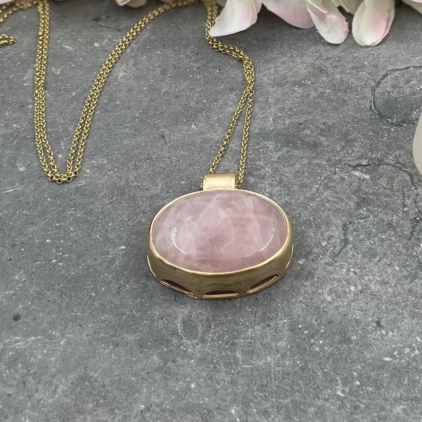 Rose Quartz Necklace,Statement Jewelry,Long Necklace,Large Pendant Necklace,Crystal Pendant Necklace,Gift Necklace,Boho Necklace