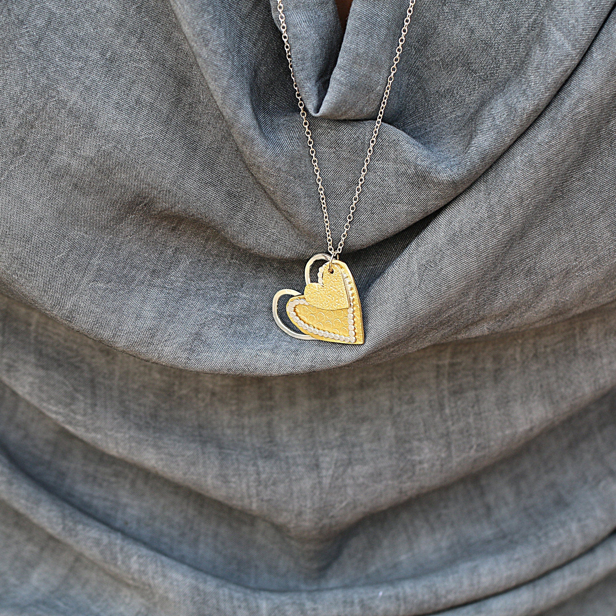 Two Tone Necklace for Women, Heart Pendant Necklace for Women, Personalized Heart necklace, Gift for Wife, Silver And Gold Necklace.