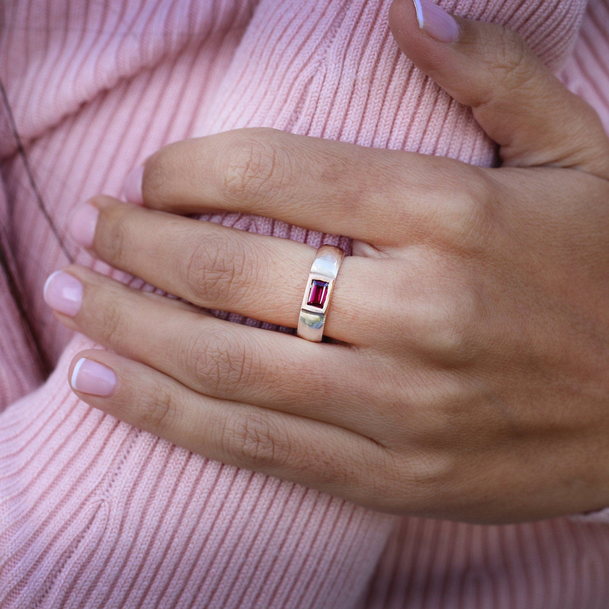 Silver Tourmaline Ring • Rectangle Pink Tourmaline Ring • Silver Band Ring • Custom Birthstone Ring • Gift Jewelry • Handmade Rings • Gifts