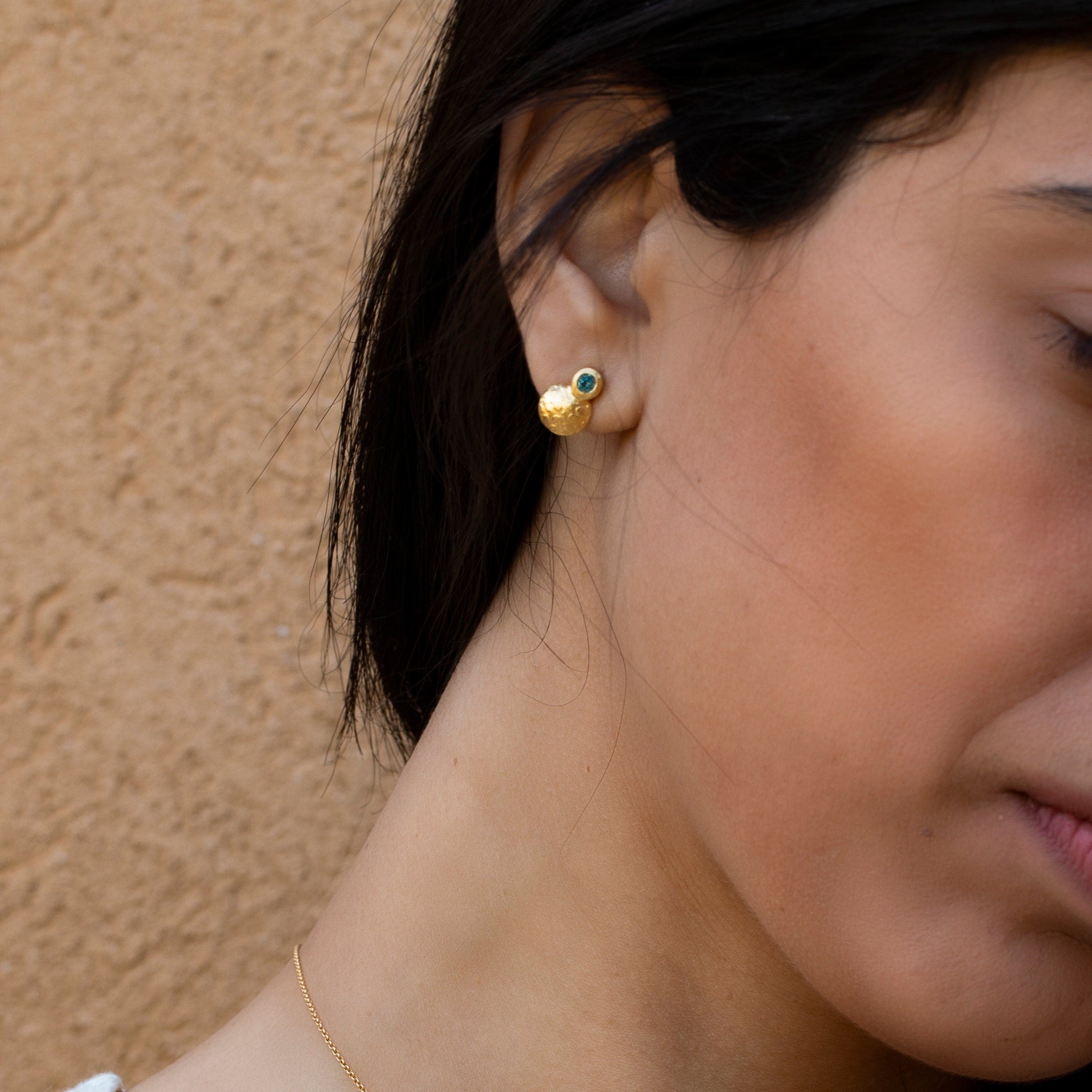 Blue Topaz Gold Stud Earrings, Gold Ear Jacket,14k Gold Earrings For Women, Blue Dainty Earrings, Bridal Earrings, Round Mothers Day Gift