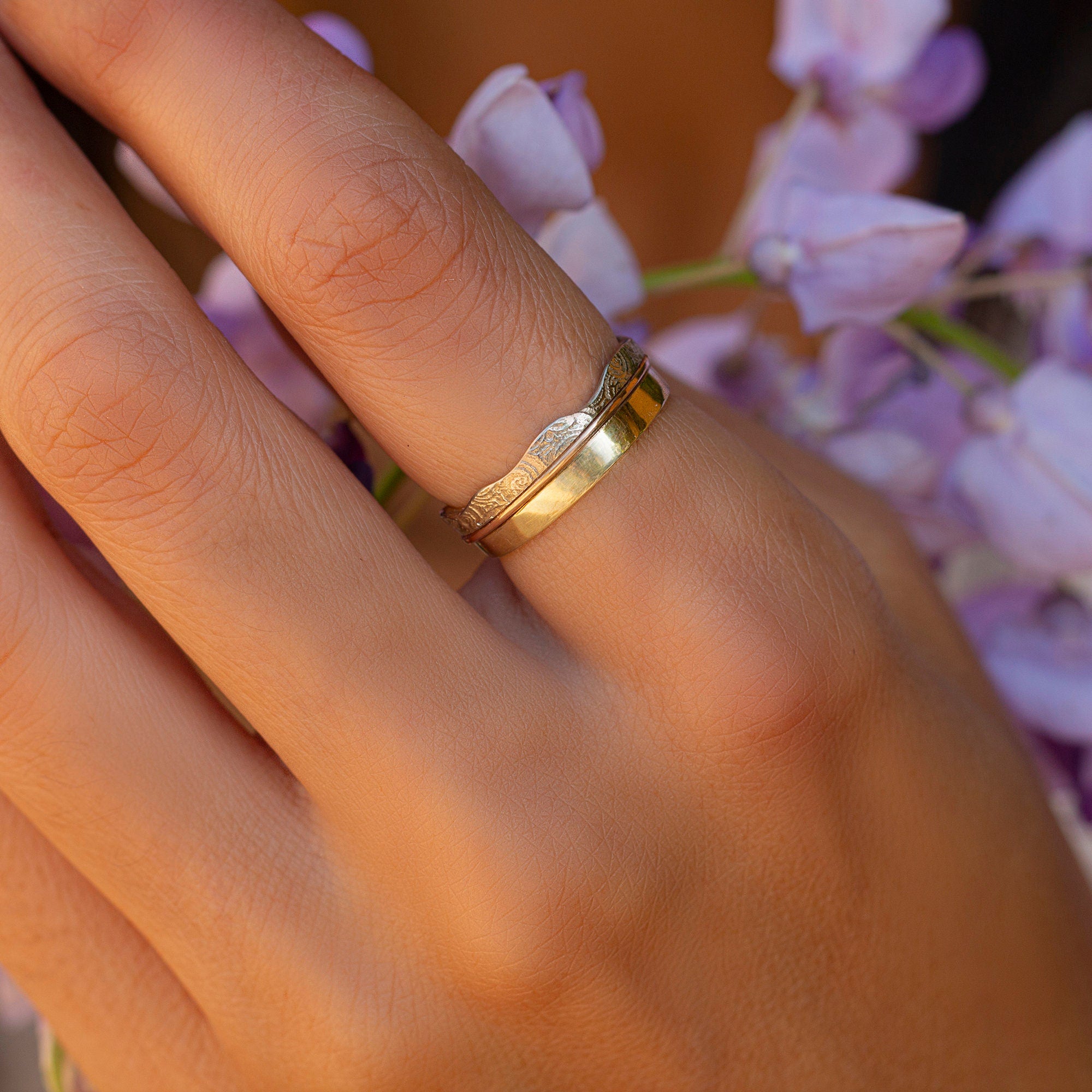 Unique wedding rings of 14k yellow, rose and white gold, Rustic wedding band ring set, Couples matching rings, Handmade mens wedding band
