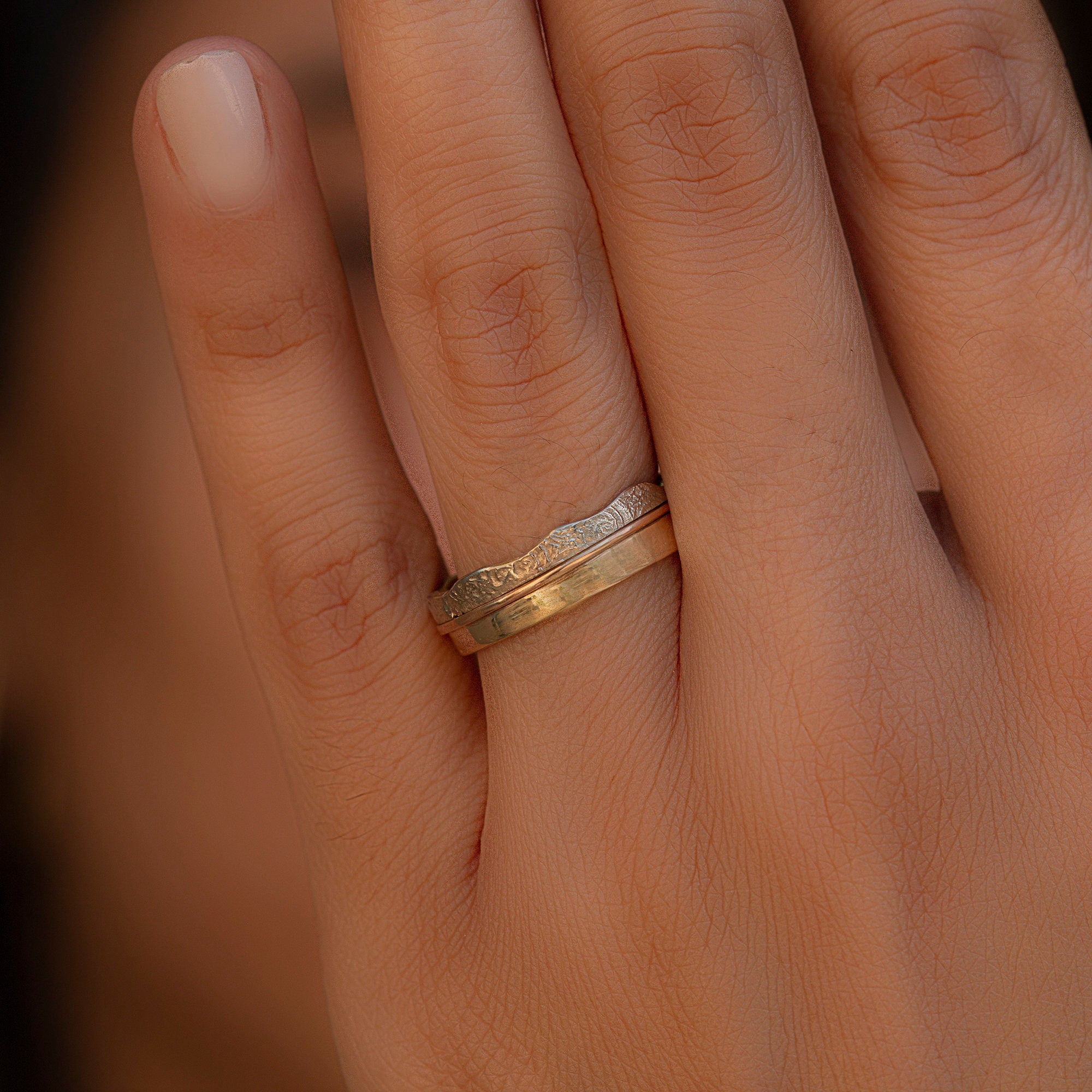 Unique wedding rings of 14k yellow, rose and white gold, Rustic wedding band ring set, Couples matching rings, Handmade mens wedding band