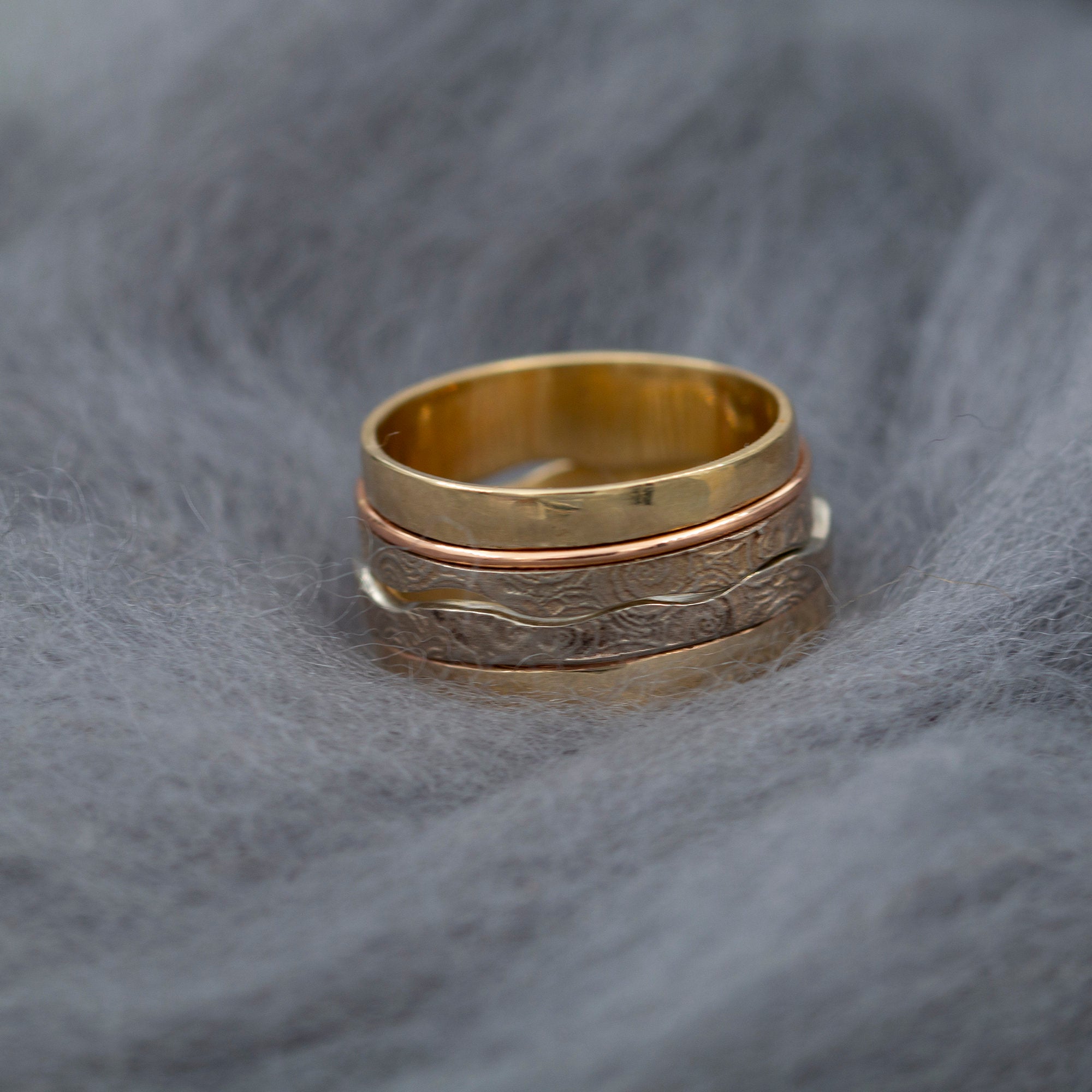 Unique wedding rings of 14k yellow, rose and white gold, Rustic wedding band ring set, Couples matching rings, Handmade mens wedding band