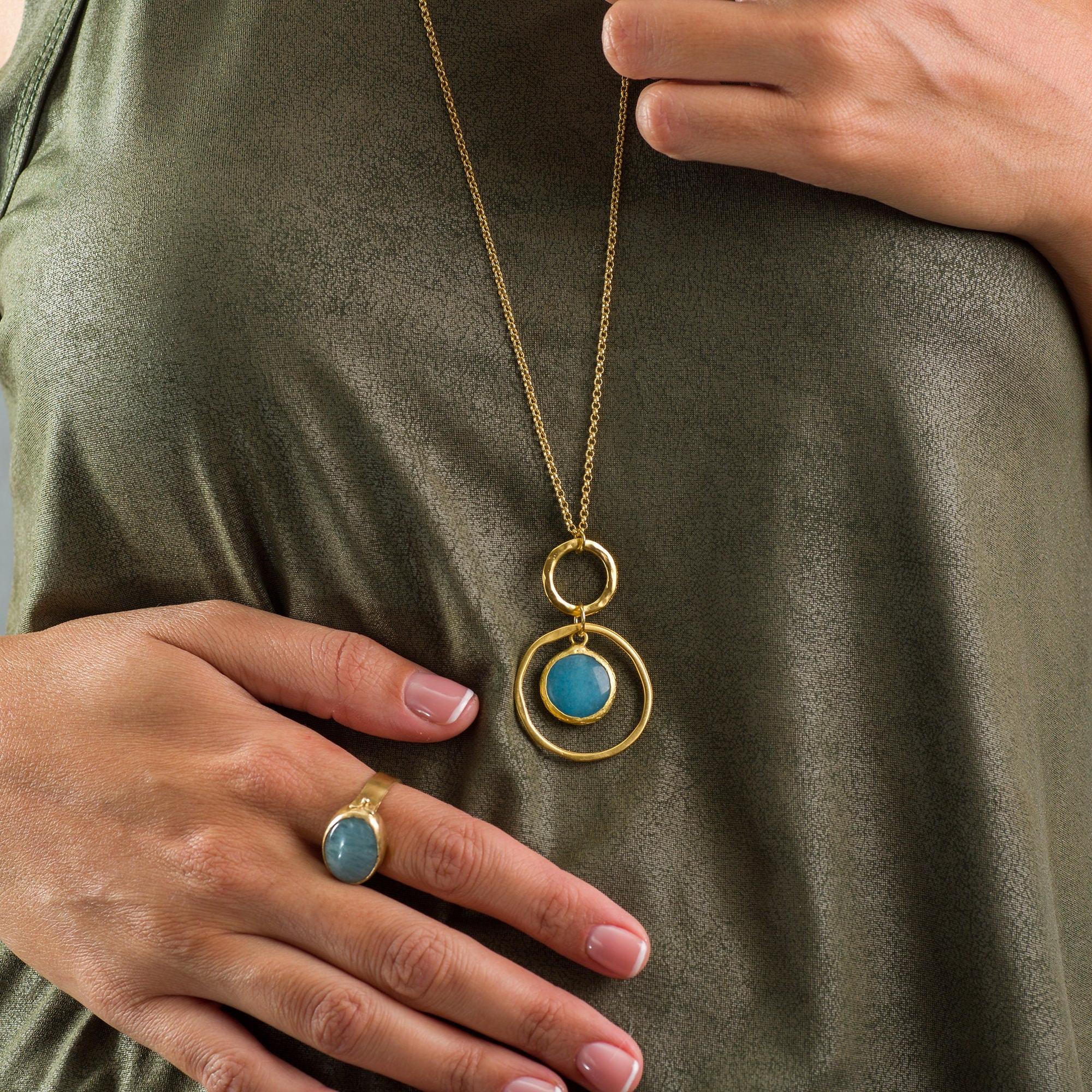 Long Necklace • Pendant Necklace • Blue Jade • Gold Pendant • Jade Gemstone Pendant Necklace • Gift For a Woman • Gold Necklace