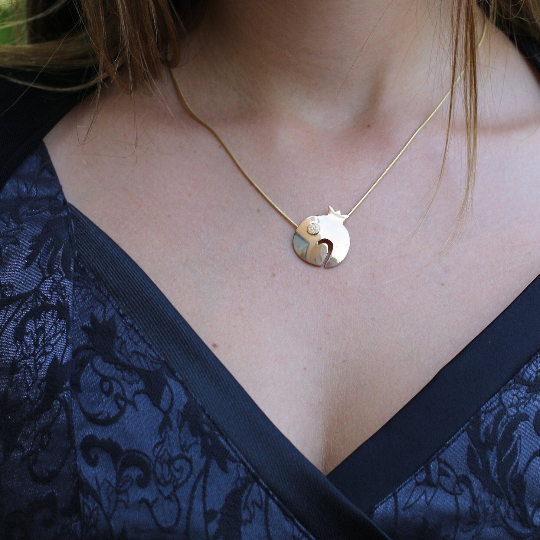 Pomegranate Pendant Gold Necklace. Hand Made Fashion Jewelry, Gift For Mom, Short Gold Necklaces, Pomegranate Jewelry Mothers Day Gift