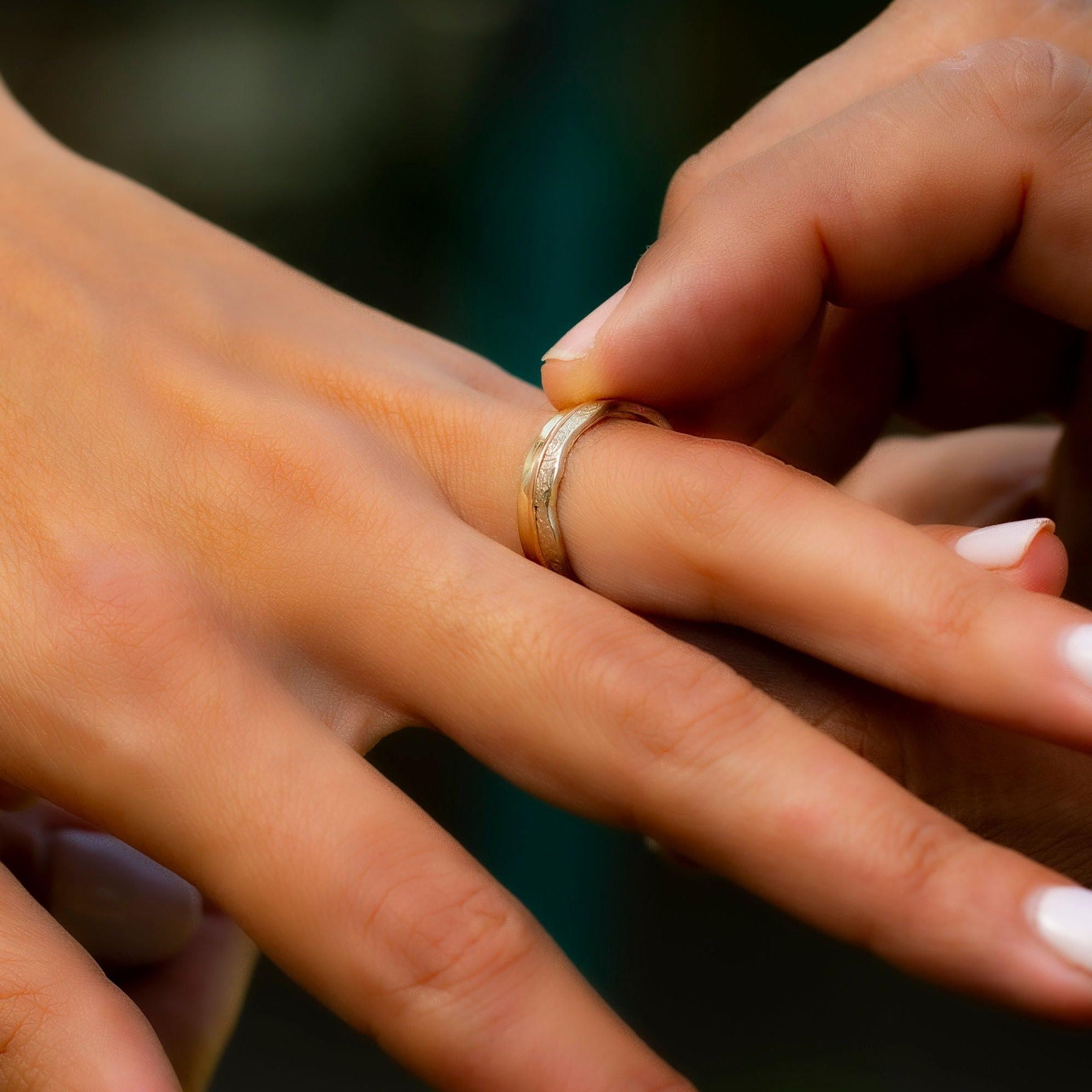 Unique wedding rings of 14k yellow, rose and white gold, Rustic wedding band ring set, Couples matching rings, Handmade mens wedding band