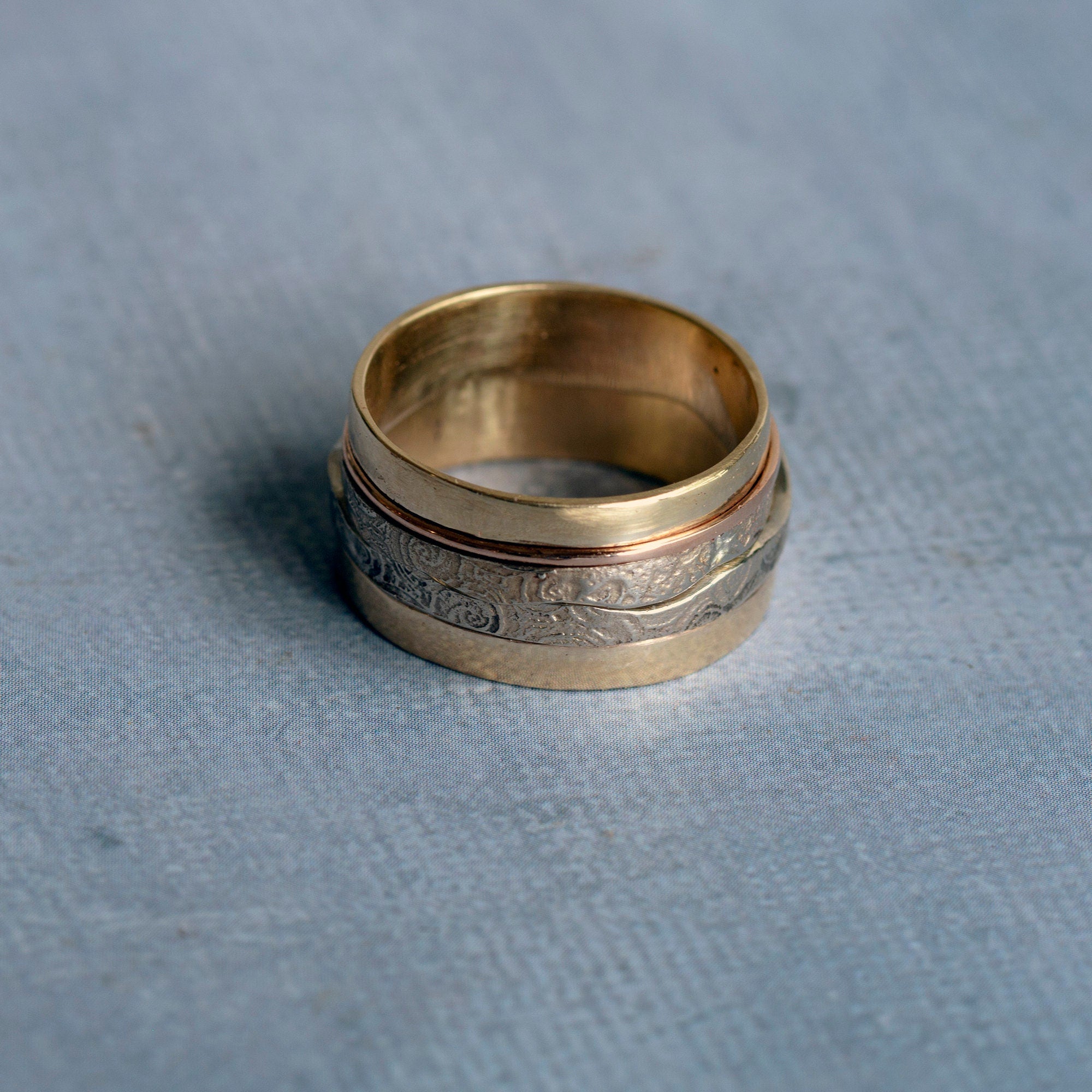 Unique wedding rings of 14k yellow, rose and white gold, Rustic wedding band ring set, Couples matching rings, Handmade mens wedding band