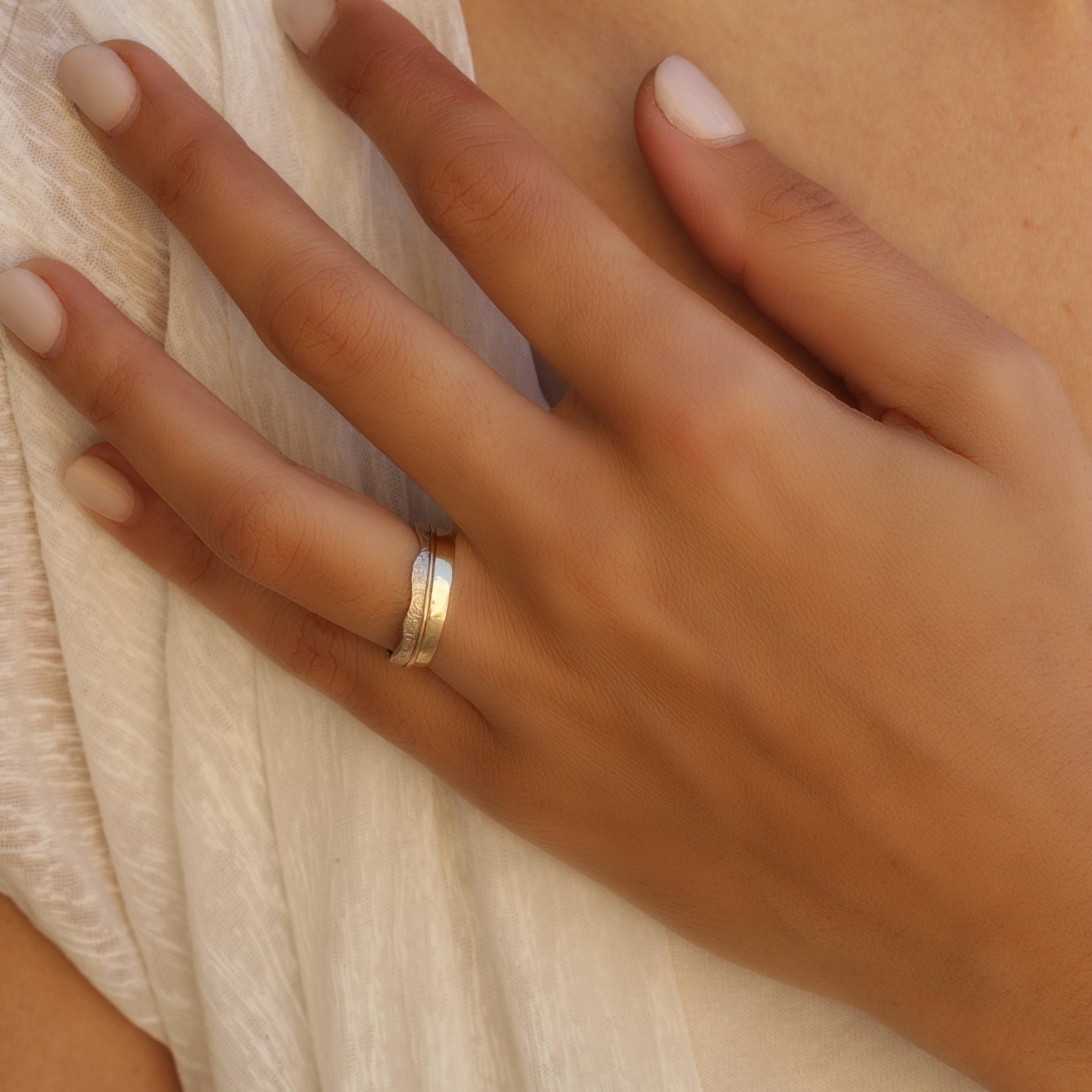 Unique wedding rings of 14k yellow, rose and white gold, Rustic wedding band ring set, Couples matching rings, Handmade mens wedding band