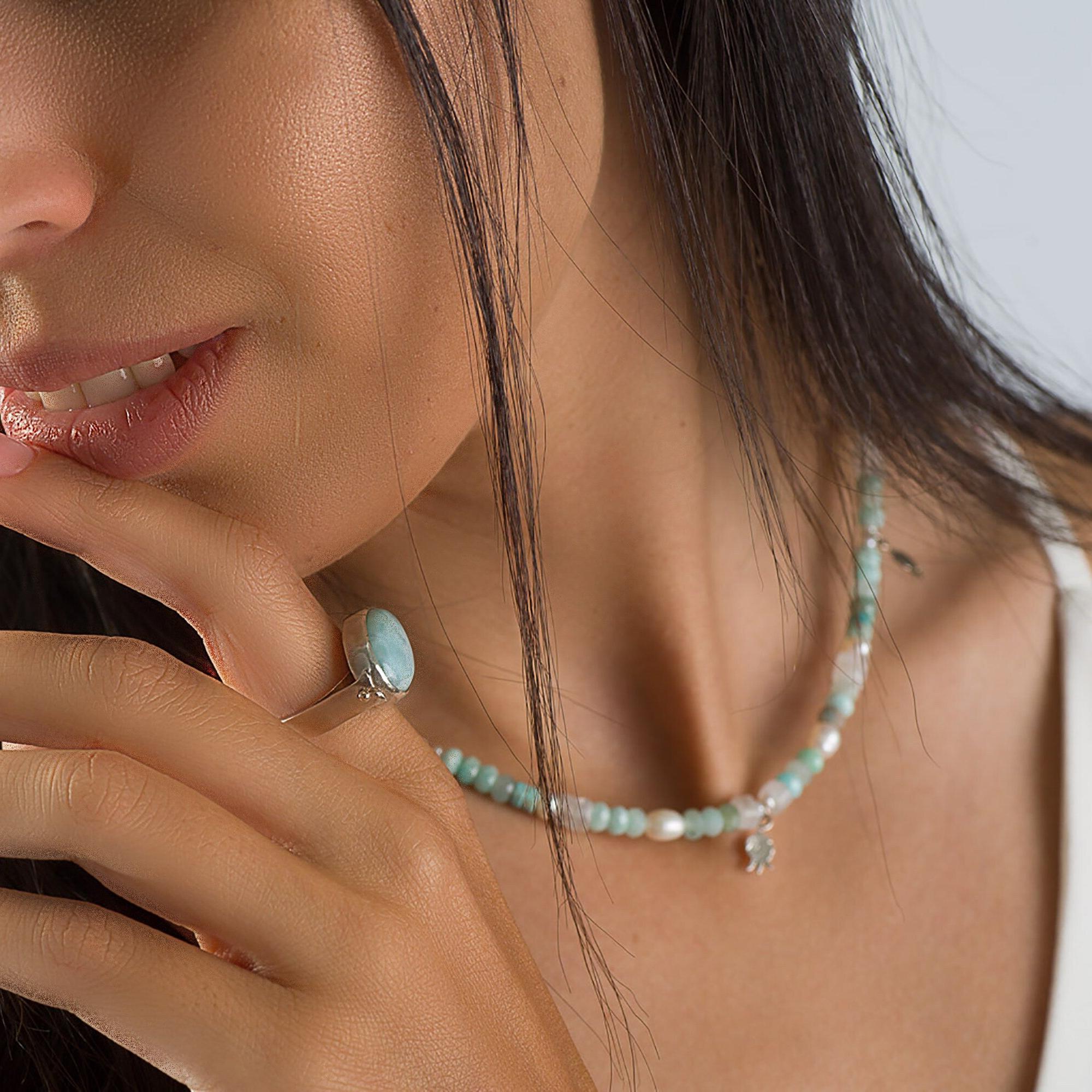 Turquoise Bead Necklace, Amazonite& Pearl Bead Necklace For Women, Short Pendant, Pomegranate Pendant Necklace, Christmas Gift
