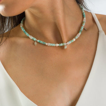 Turquoise Bead Necklace, Amazonite& Pearl Bead Necklace For Women, Short Pendant, Pomegranate Pendant Necklace, Christmas Gift