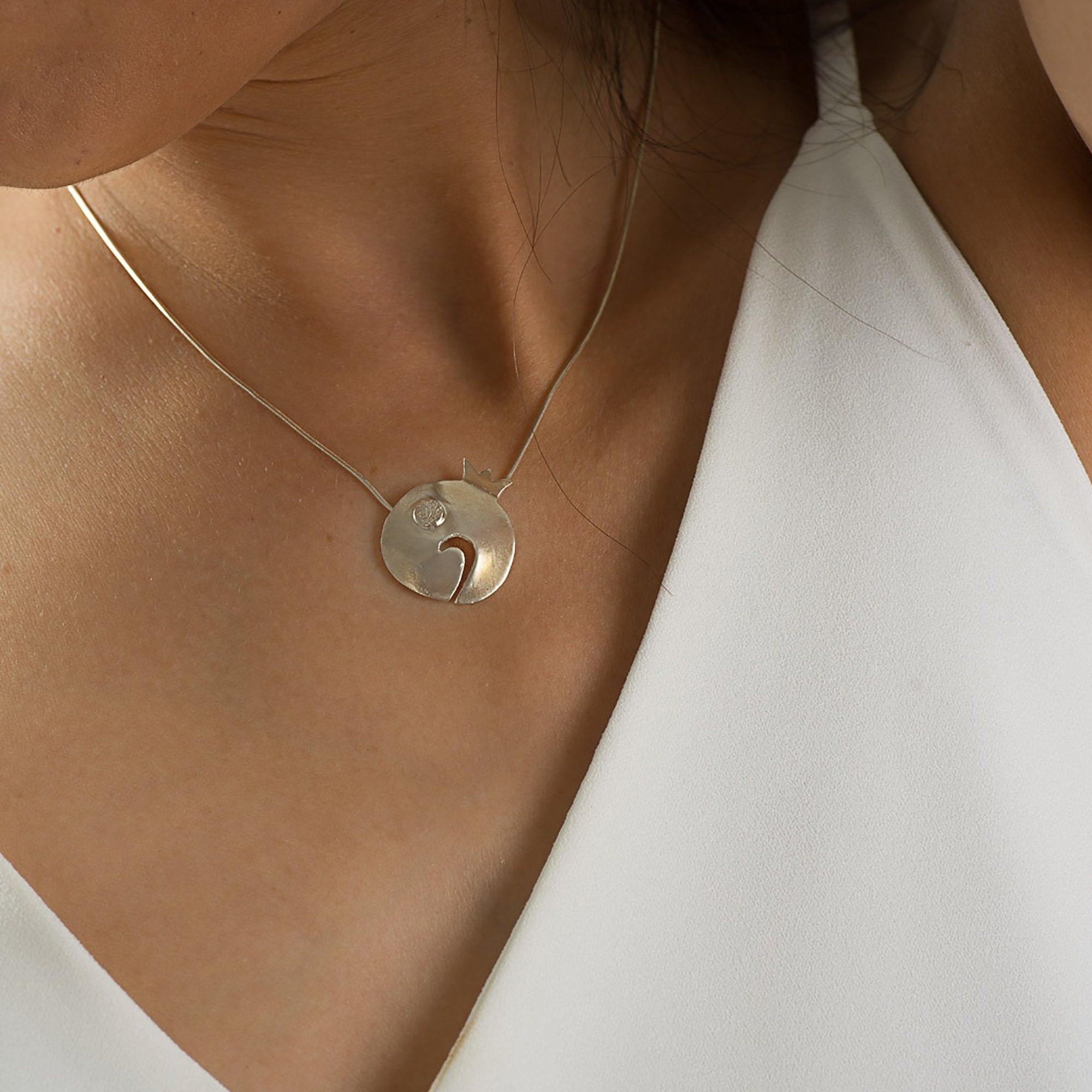 Pomegranate Pendant Silver Necklace. Hand Made Fashion Jewelry, Holyday Gift For Mom, Short Silver Pendant Necklaces, Mothers Day Gift