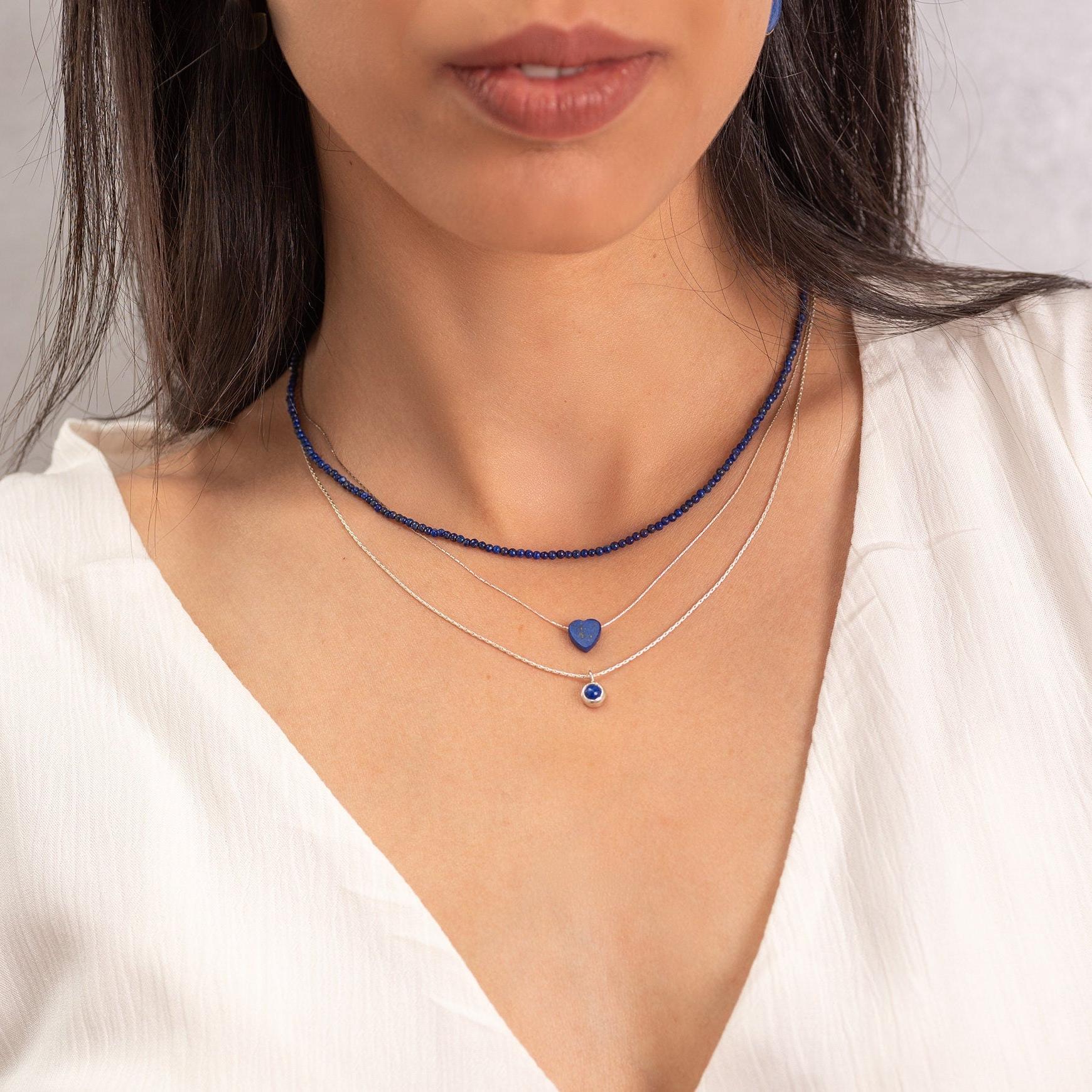 Silver 3 Layered Necklace ,Stacked Necklaces ,Blue Layered Necklace ,Triple strand Necklace ,September Birth Stone Necklace ,Christmas Gift.