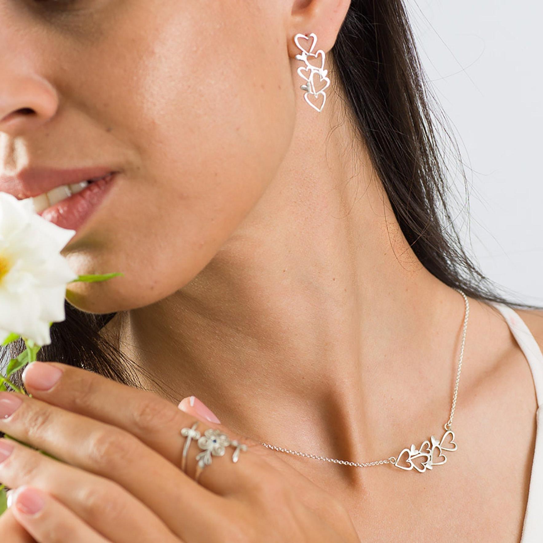 Dainty Silver Necklace And Earrings Set. Silver Multi Heart Jewelry set For Women, Heart Jewelry Set. special jewelry gift for her