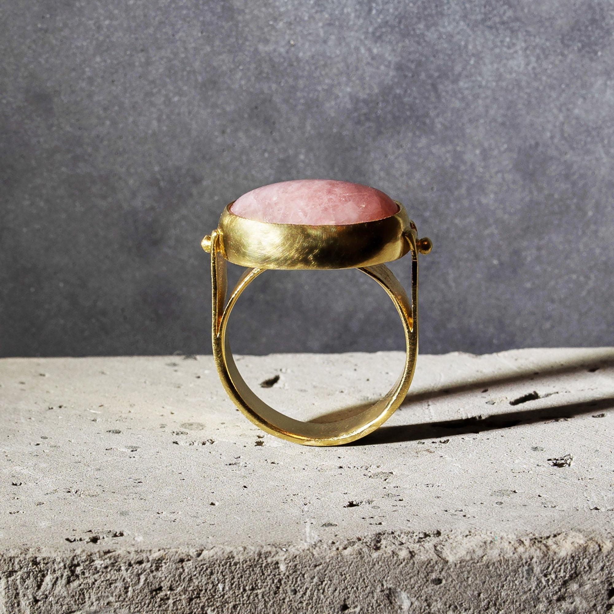 Pink handmade Gold Ring, Pink Statement Ring,14k Gold Rings for Women, Hand Made Oval cabochon Ring,